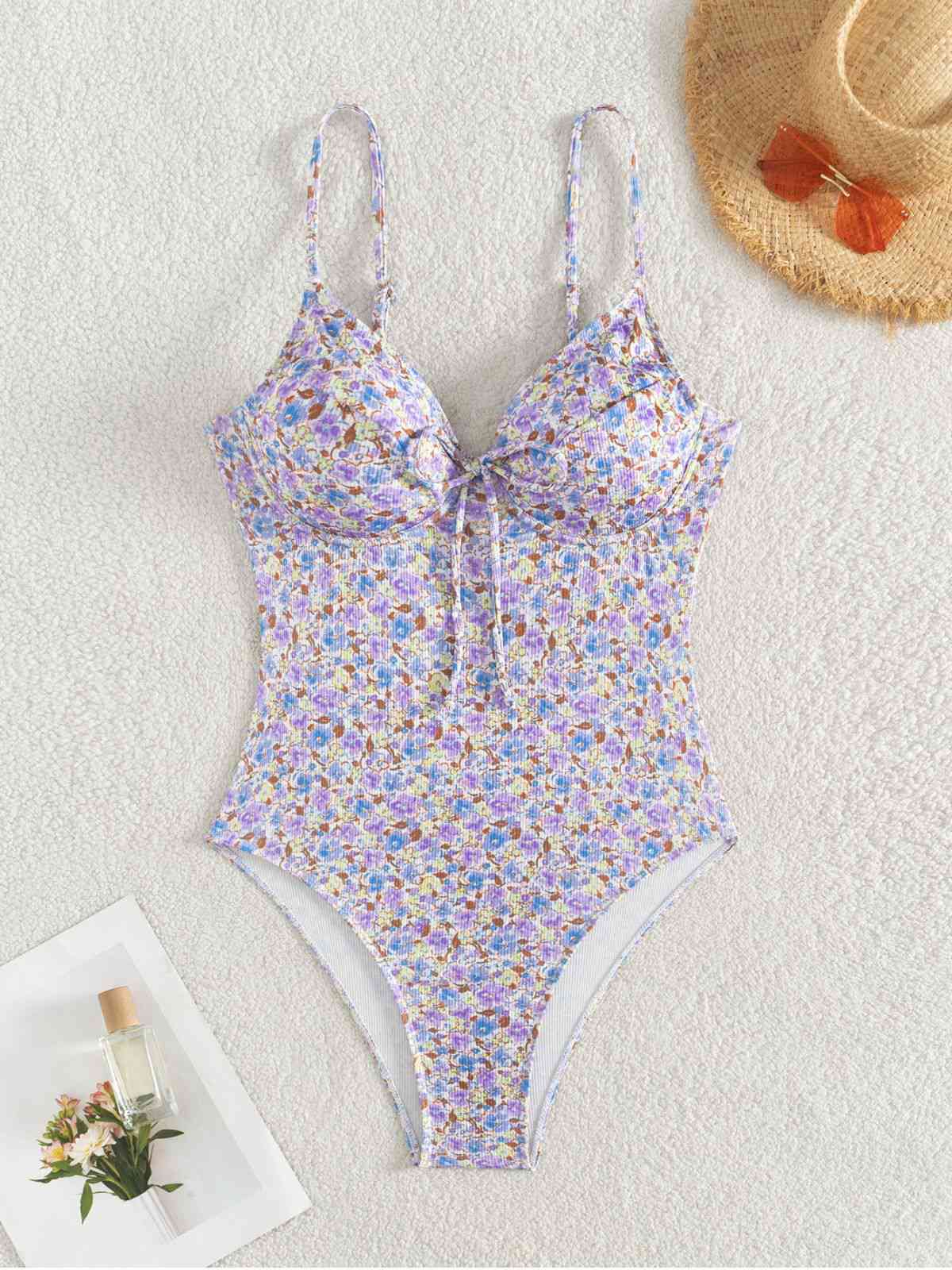Purple 1950s Ditsy Floral Lace-Up One-Piece Swimsuit - Image 2