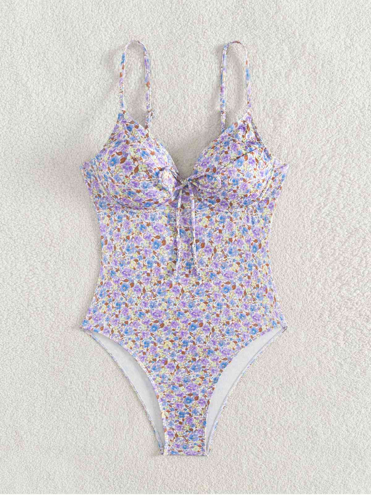 Purple 1950s Ditsy Floral Lace-Up One-Piece Swimsuit - Image 3