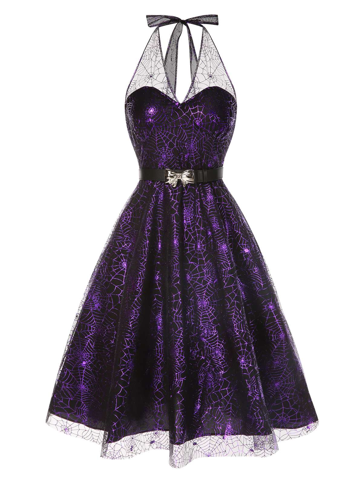Purple 1950s Laser Mesh Spiderweb Halter Dress - Image 2