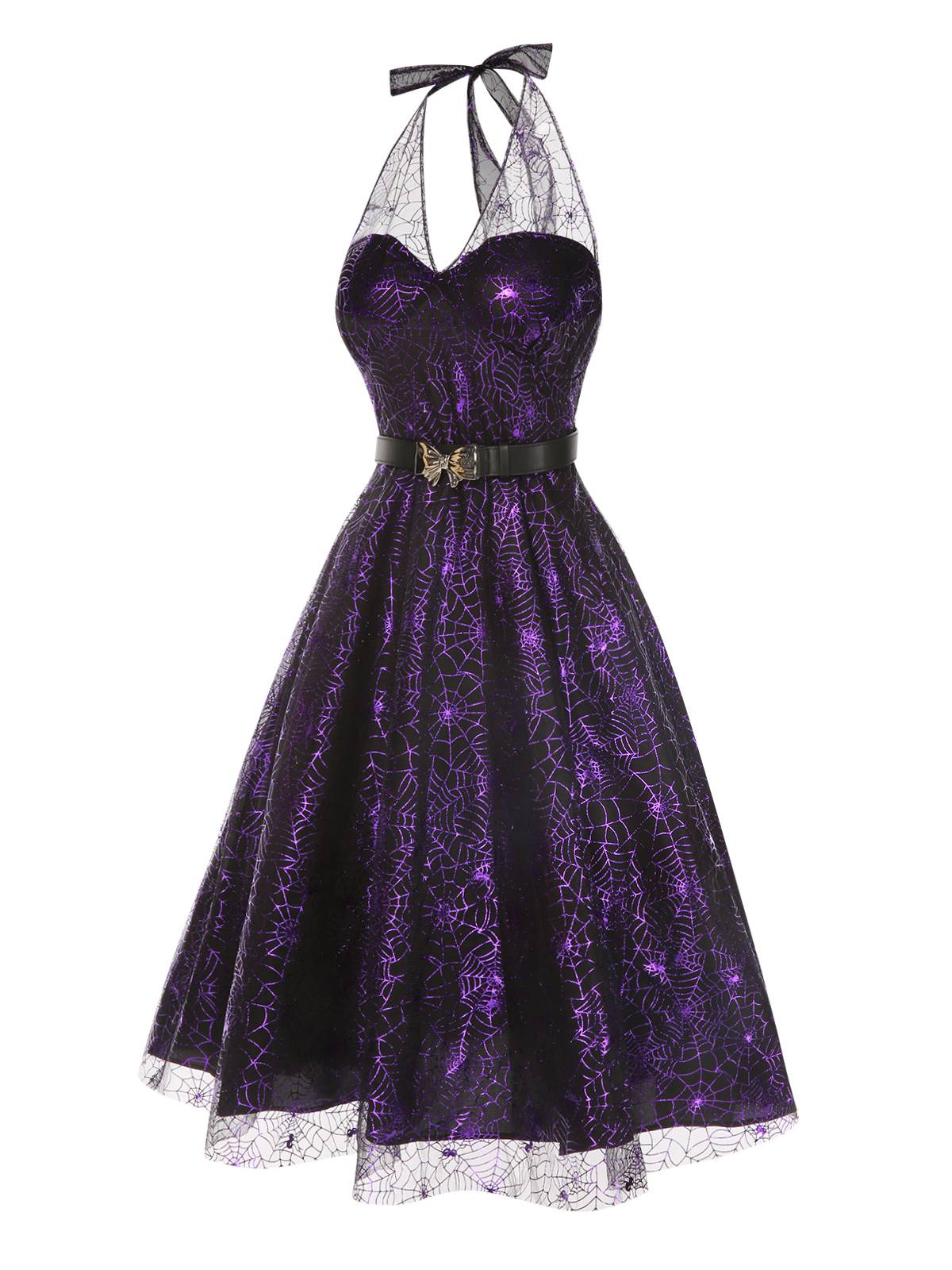 Purple 1950s Laser Mesh Spiderweb Halter Dress - Image 4