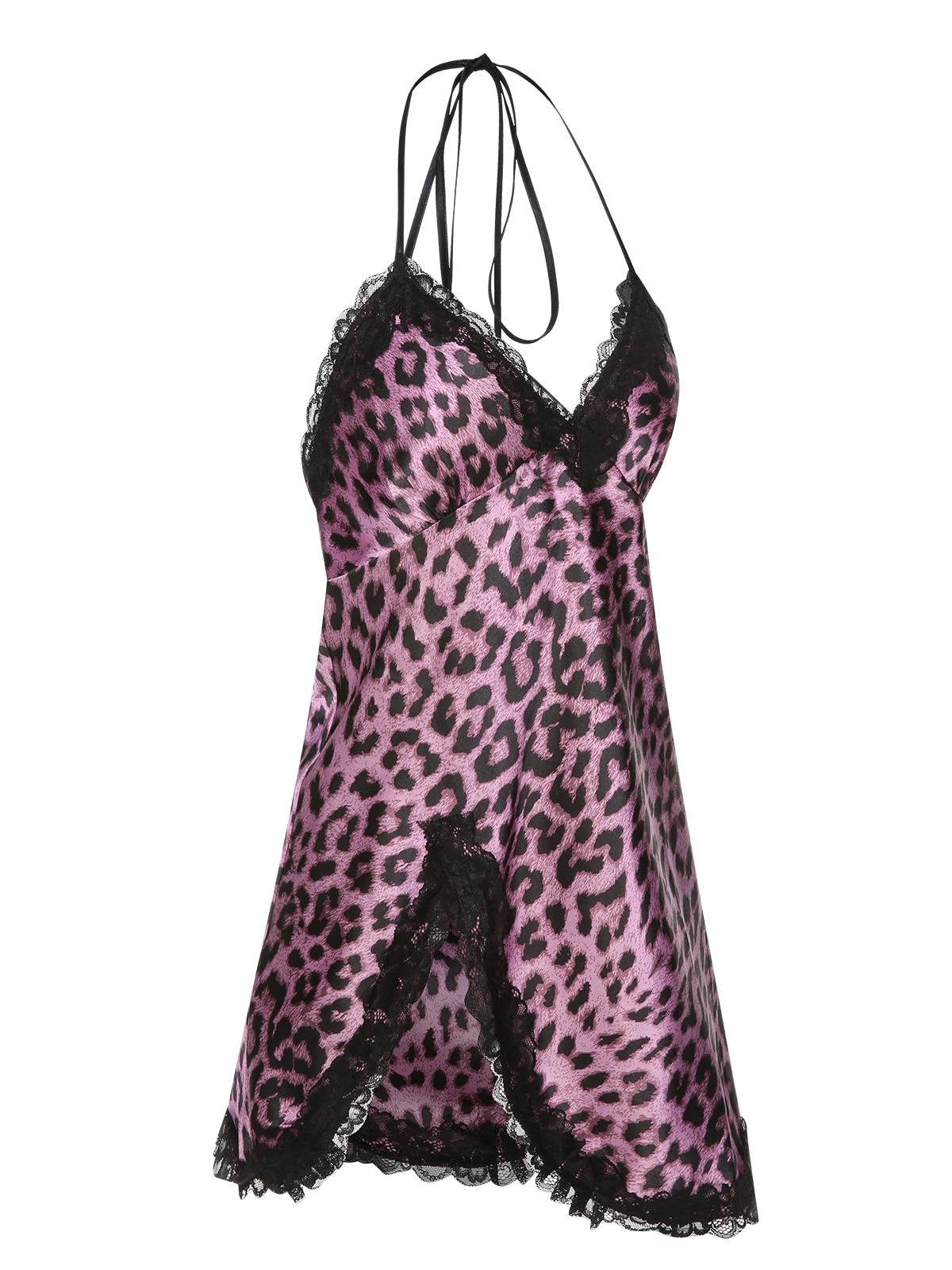 Purple 1950s Leopard Lace Patchwork Suspender Sleepwear - Image 2