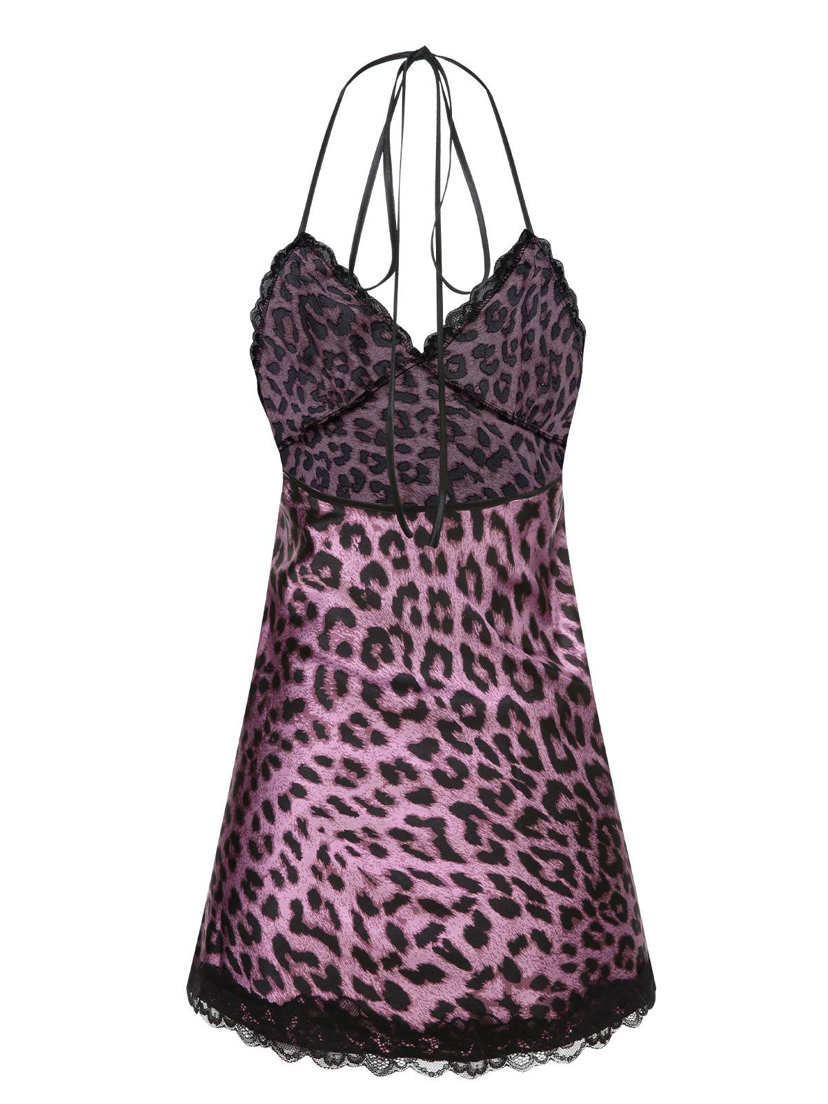 Purple 1950s Leopard Lace Patchwork Suspender Sleepwear - Image 3