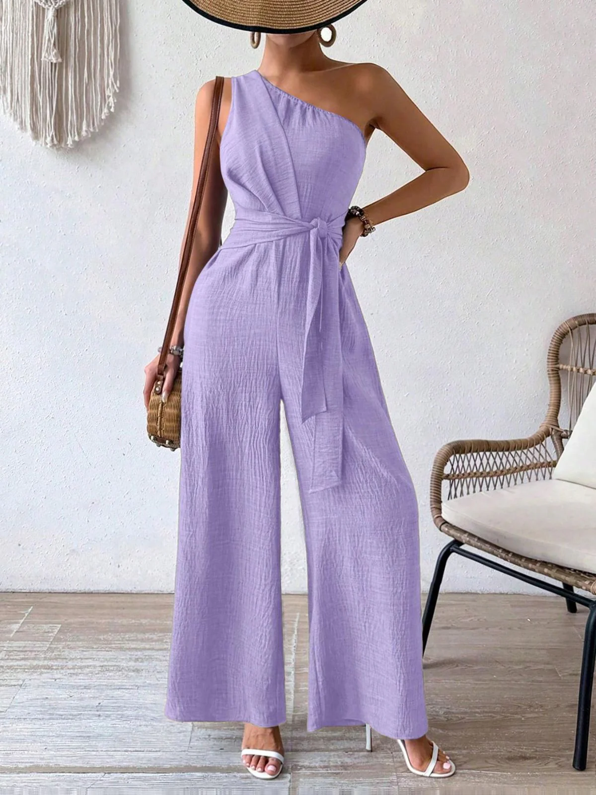 Purple 1950s One-Shoulder Belted Wide Leg Jumpsuit - Image 3