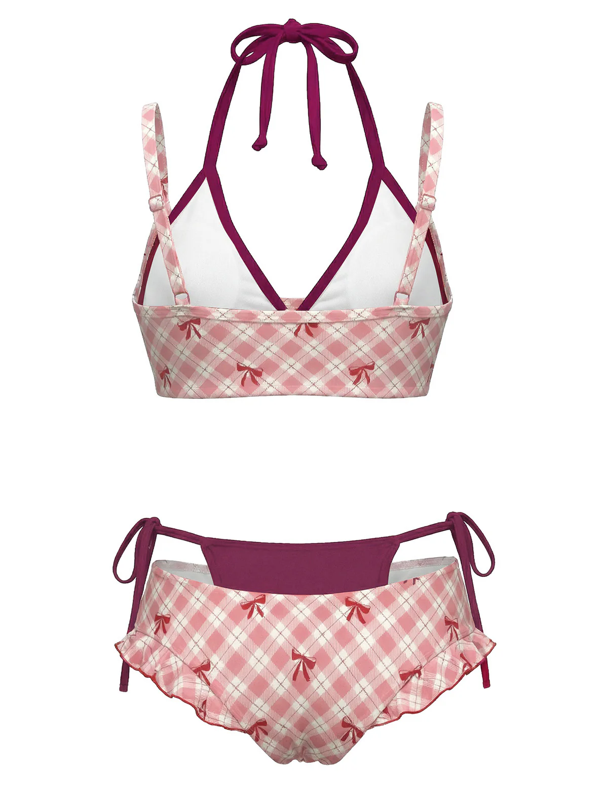 [Pre-Sale] Purple 1950s Plaid Bow Halter Double Layer Bikini Set - Image 2