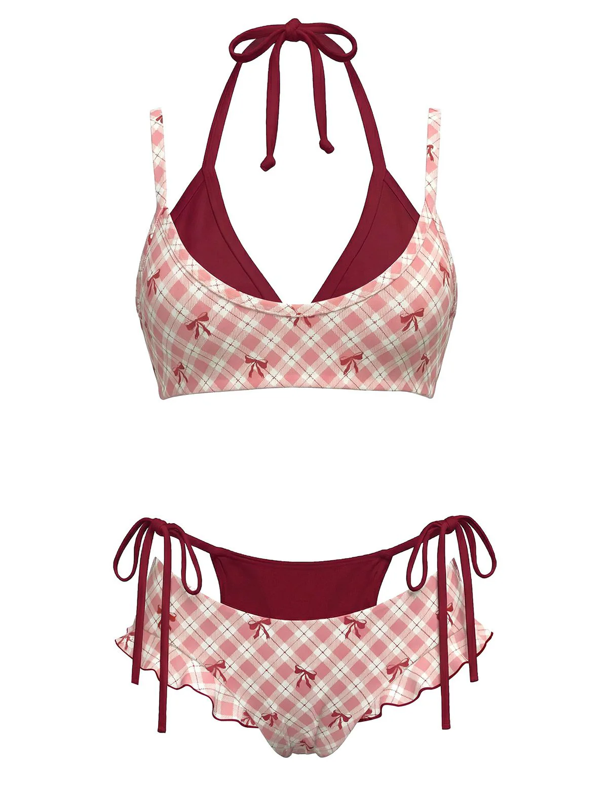 [Pre-Sale] Yellow 1950s Plaid Bow Halter Double Layer Bikini Set - Image 2