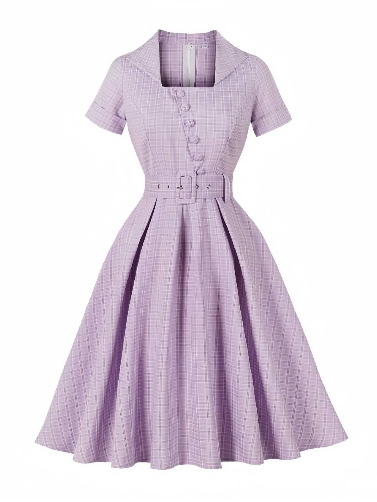 Purple 1950s Plaid Square Neck Button Swing Dress - Image 3