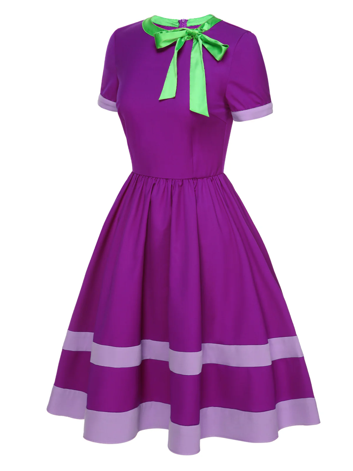 Purple 1950s Solid Spliced Tie Neck Dress - Image 3