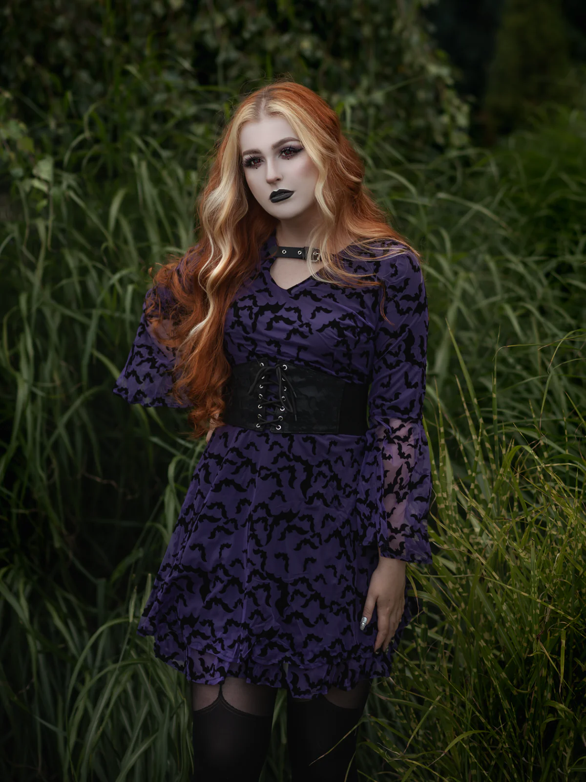 Purple 1960s Bats Mesh Bell Sleeves Dress - Image 2