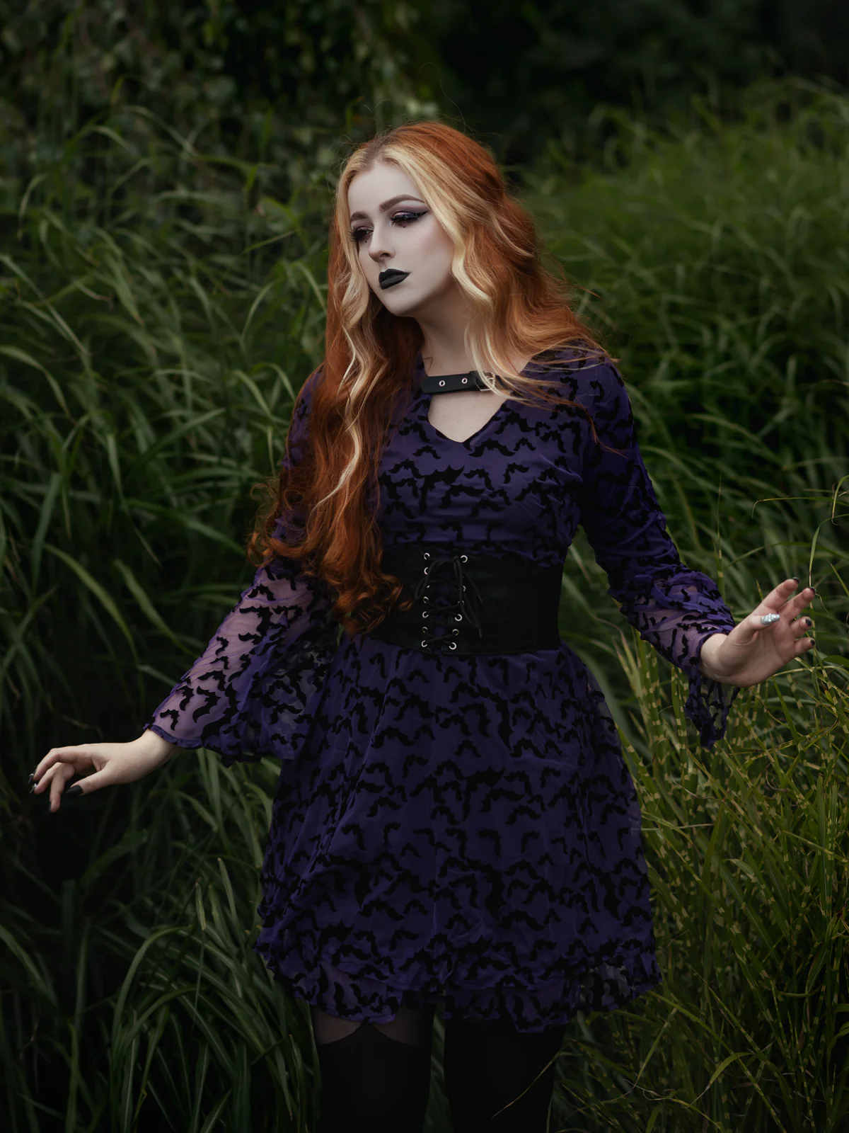 Purple 1960s Bats Mesh Bell Sleeves Dress - Image 3