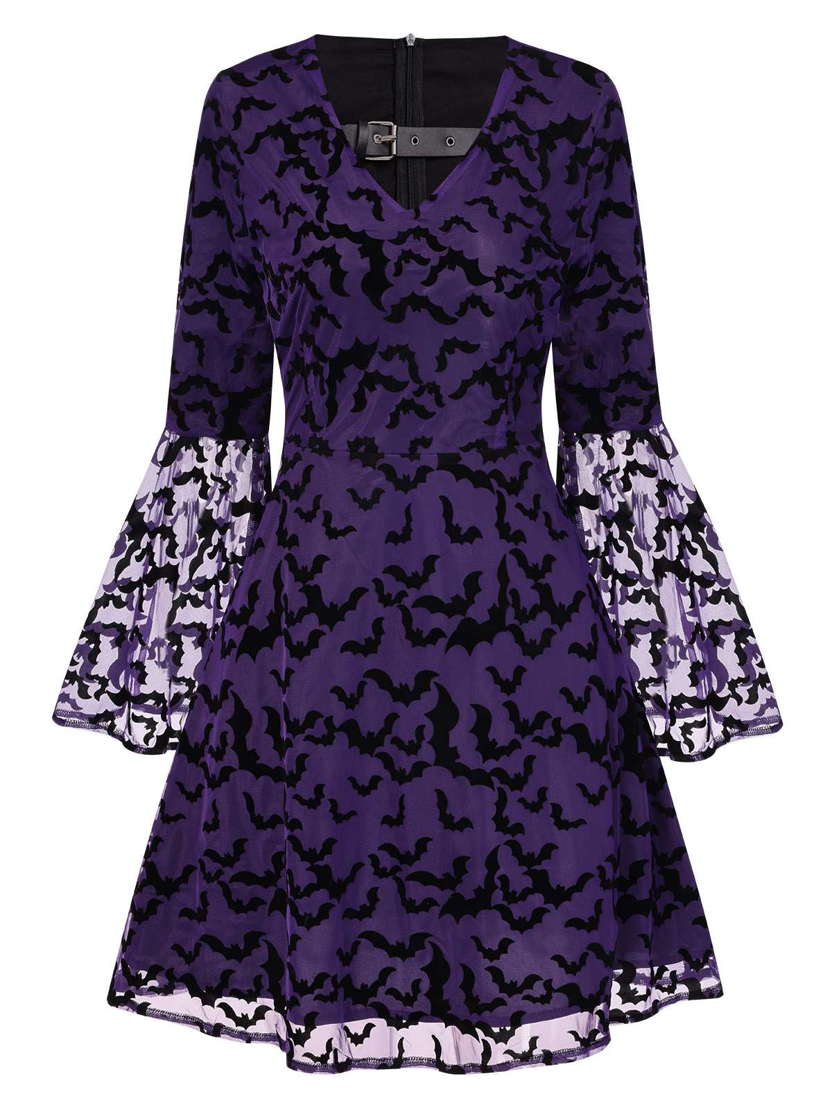 Purple 1960s Bats Mesh Bell Sleeves Dress - Image 2