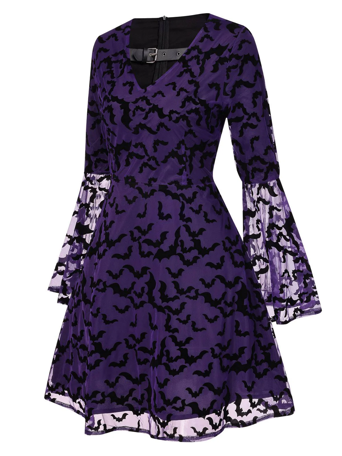 Purple 1960s Bats Mesh Bell Sleeves Dress - Image 3