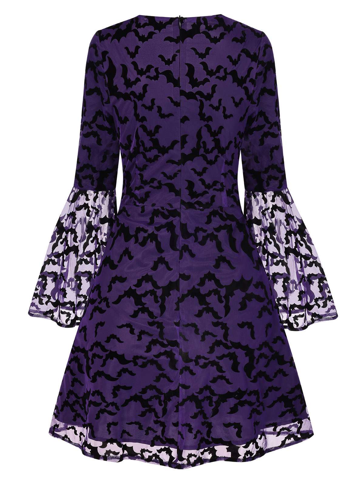 Purple 1960s Bats Mesh Bell Sleeves Dress - Image 4