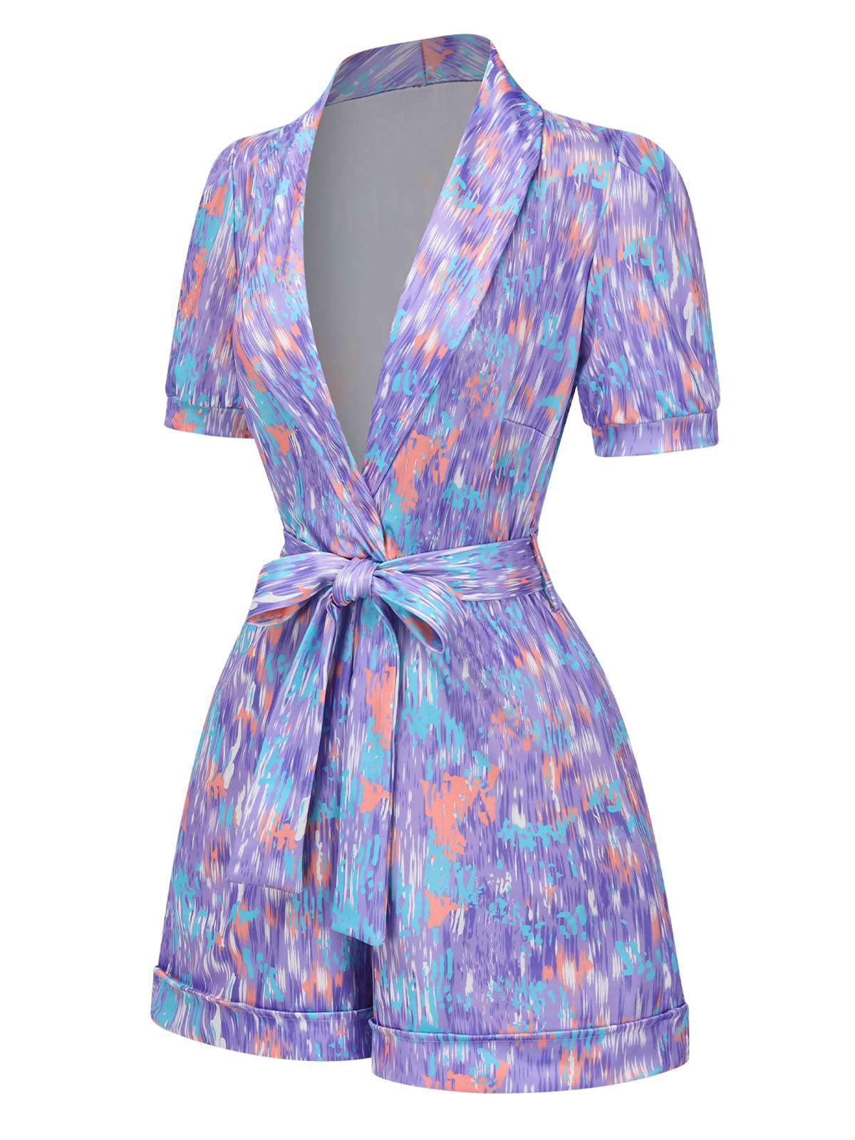 Purple 1960s Deep V-Neck Belted Lapel Romper - Image 2