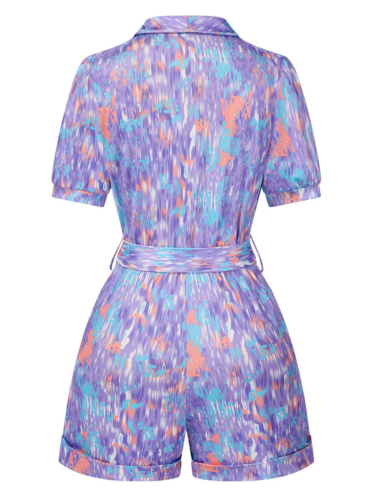 Purple 1960s Deep V-Neck Belted Lapel Romper - Image 3