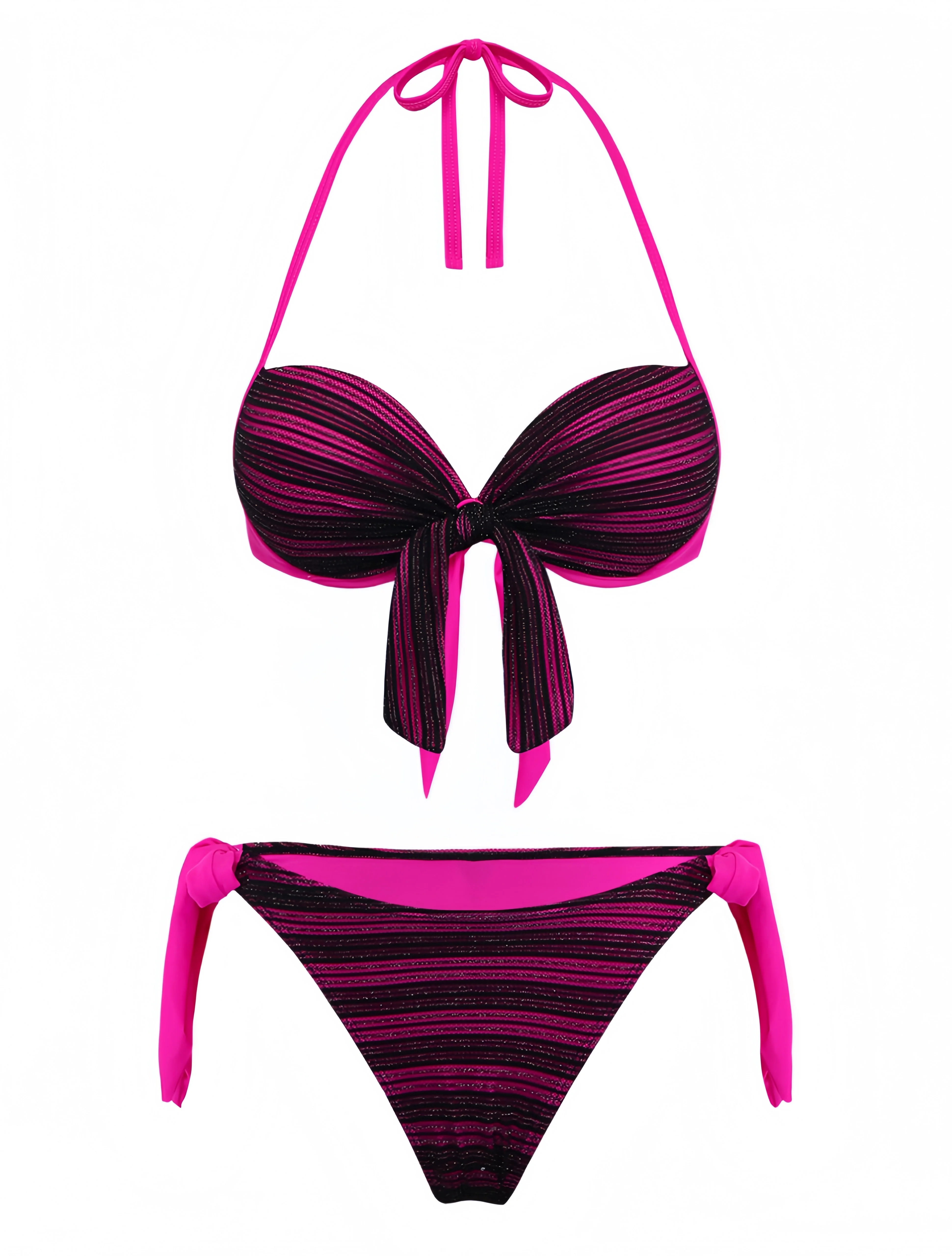 Purple 1960s Halter Striped Bow-Tie Bikini Set - Image 2