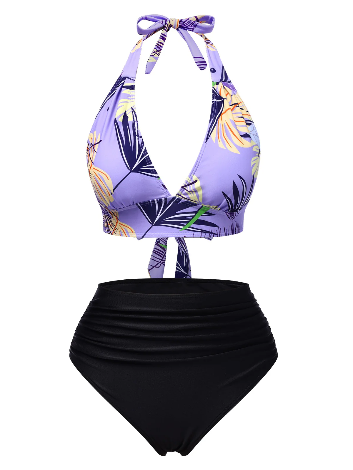 Purple 1960s Tropical Plants Lace-Up Halter Swimsuit - Image 2