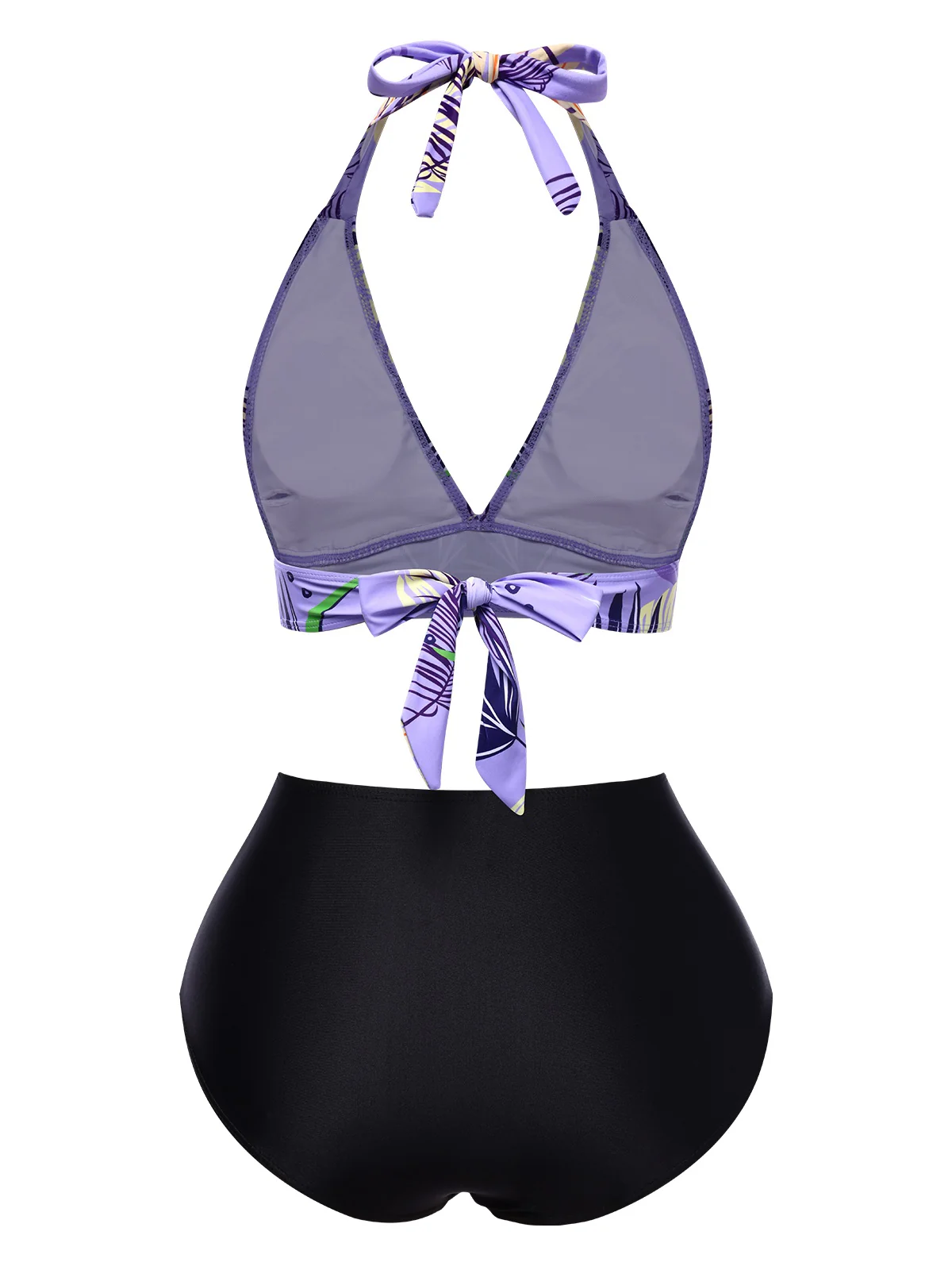 Purple 1960s Tropical Plants Lace-Up Halter Swimsuit - Image 3