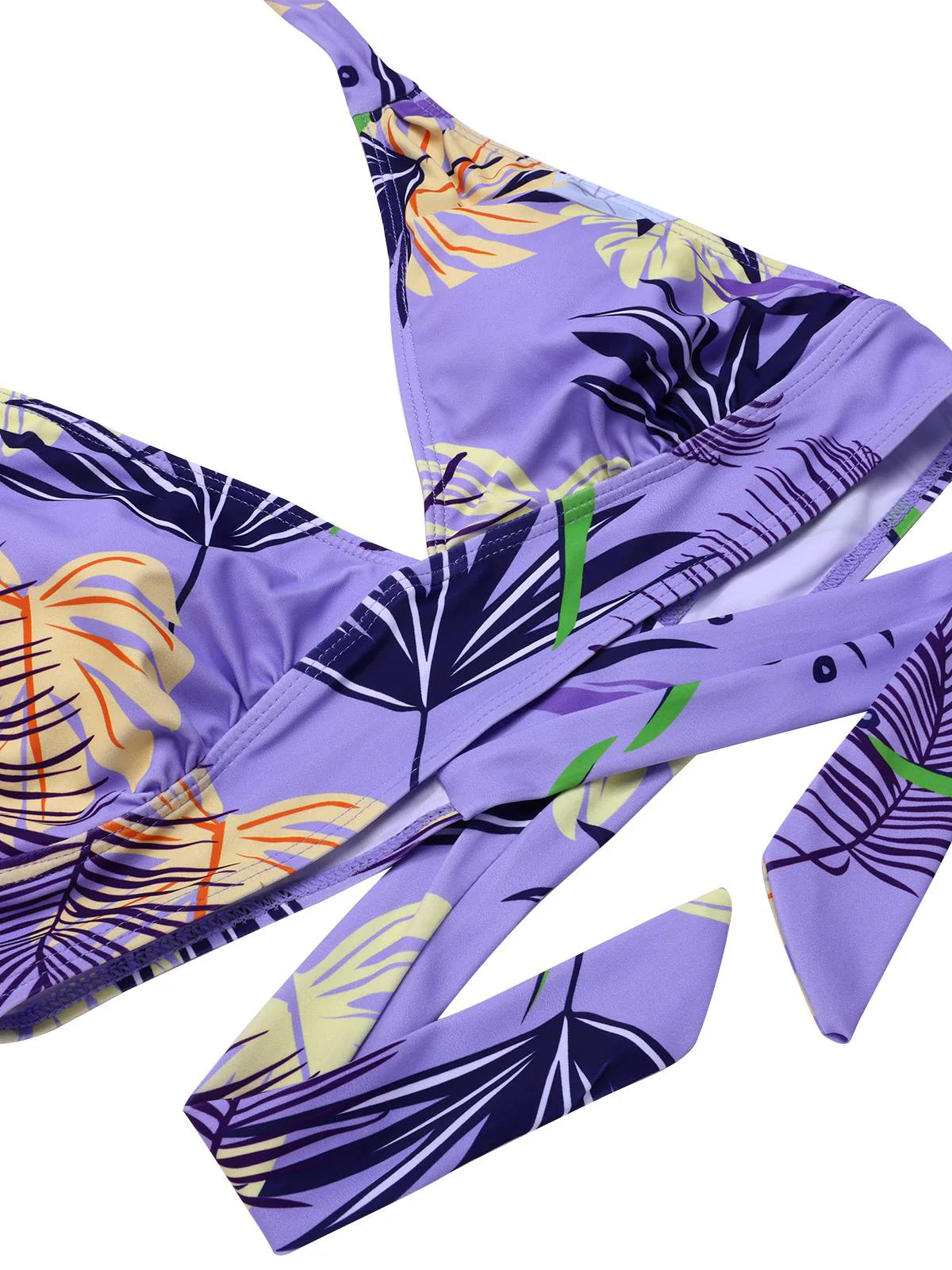 Purple 1960s Tropical Plants Lace-Up Halter Swimsuit - Image 4