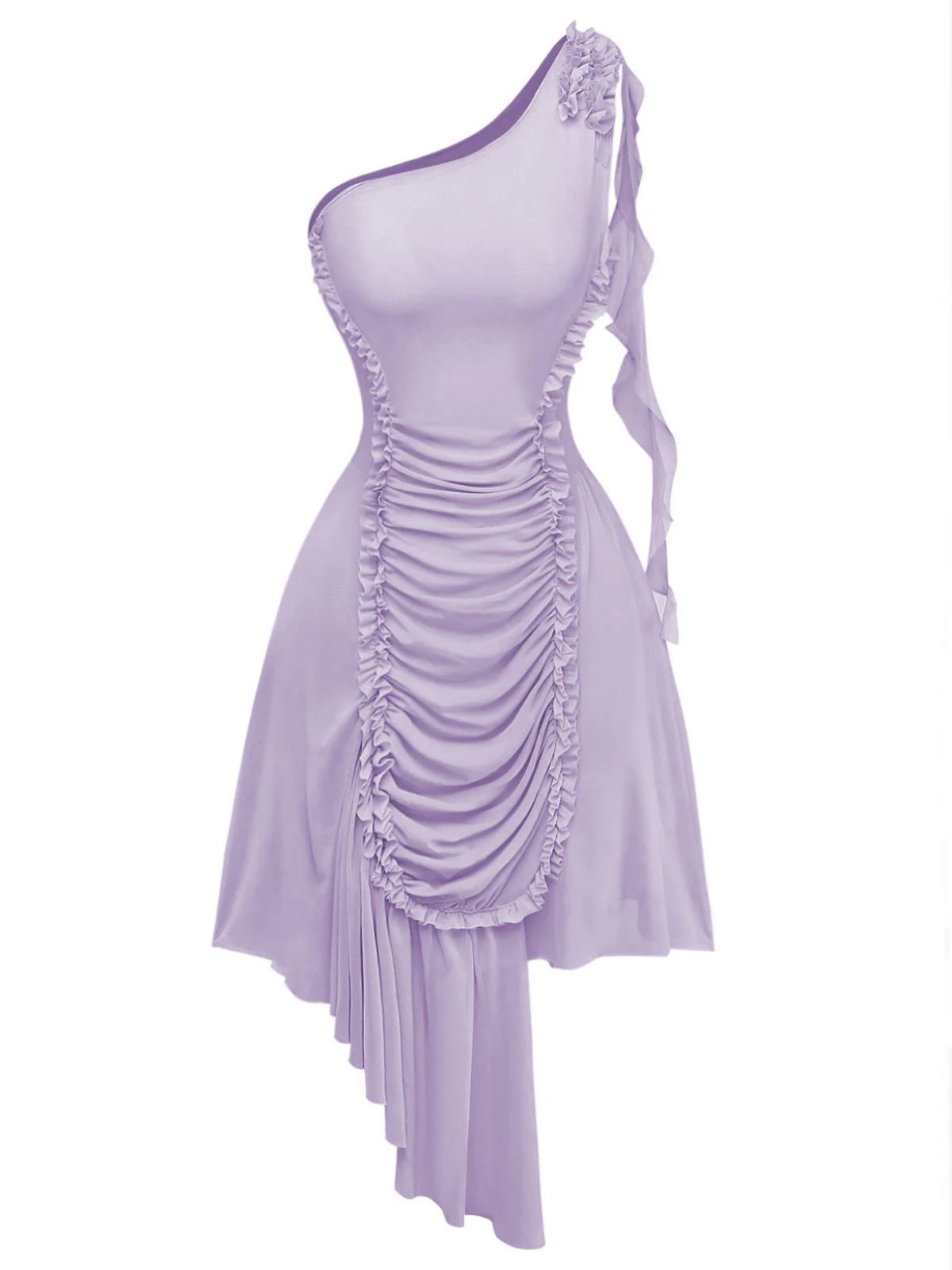 Purple 1970s Mesh One-Shoulder Ruffled Asymmetrical Dress - Image 2