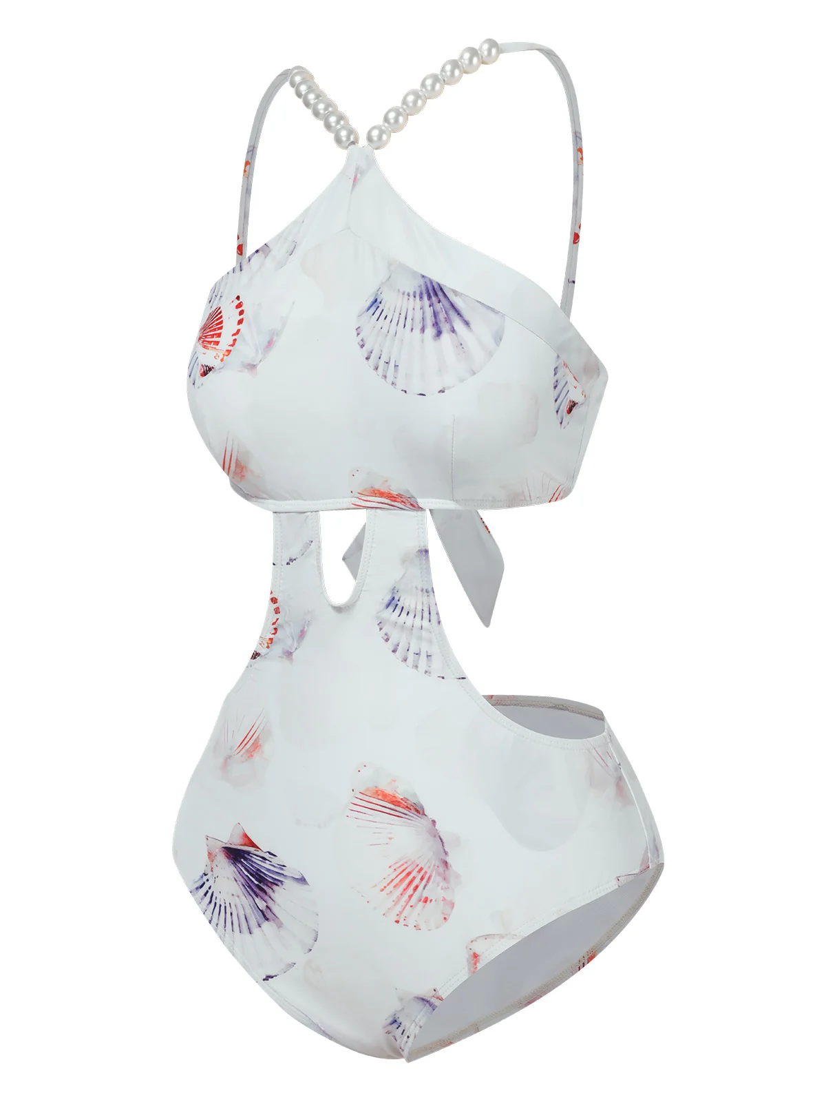 Purple 1970s Pearl Shell Print Hollow Straps Swimsuit - Image 2