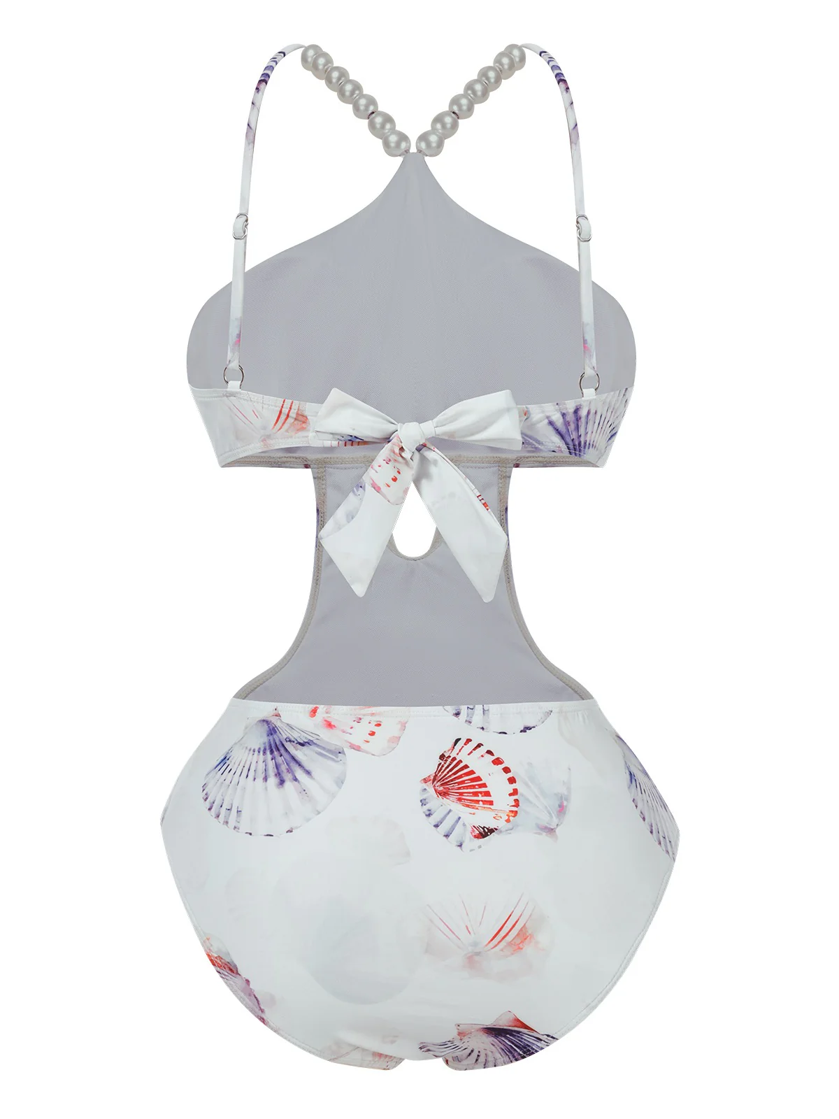 Purple 1970s Pearl Shell Print Hollow Straps Swimsuit - Image 3