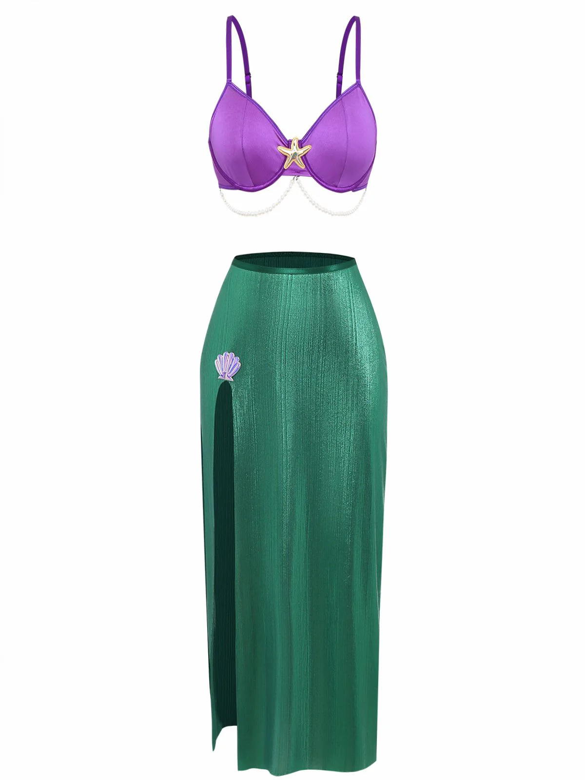 3PCS Purple 1970s Sea Pearl Satin Mermaid Sleepwear Set - Image 2