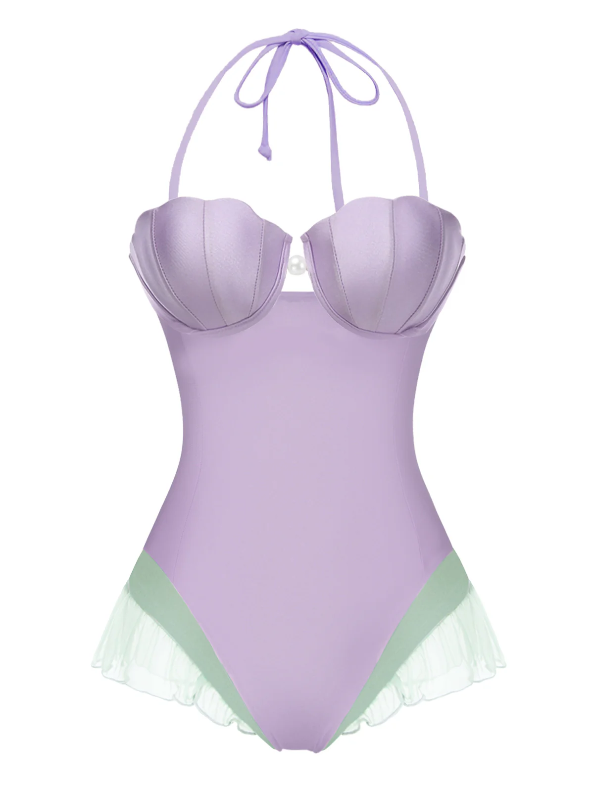 Purple 1970s Shell Mermaid Bandeau One-Piece Swimsuit - Image 3