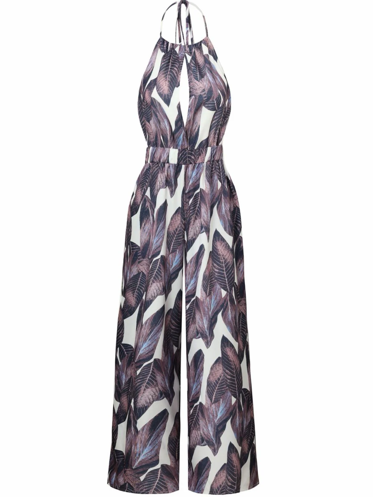 Purple 1970s Tropical Print V-Neck Wide Leg Jumpsuit - Image 2