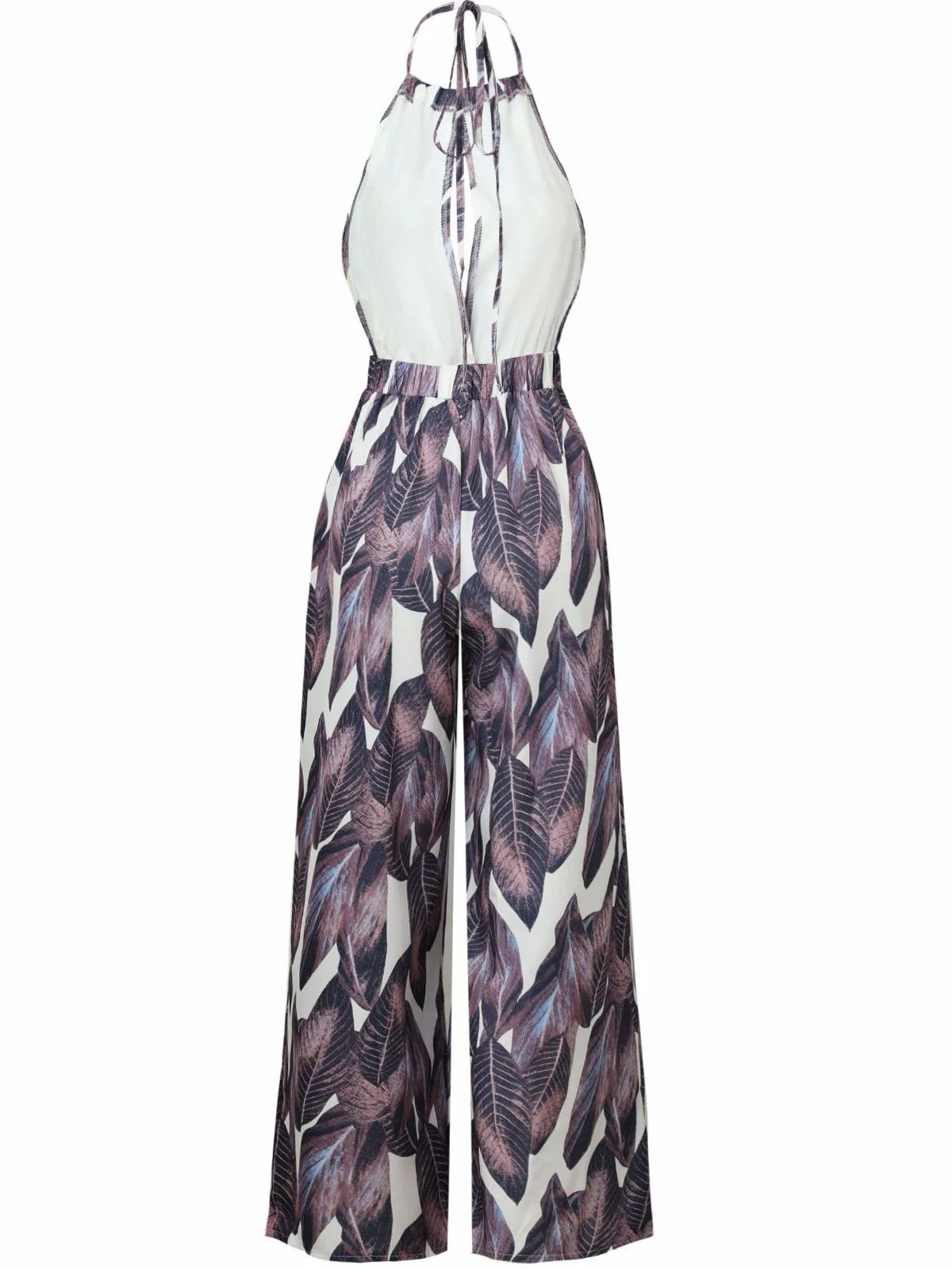 Purple 1970s Tropical Print V-Neck Wide Leg Jumpsuit - Image 3
