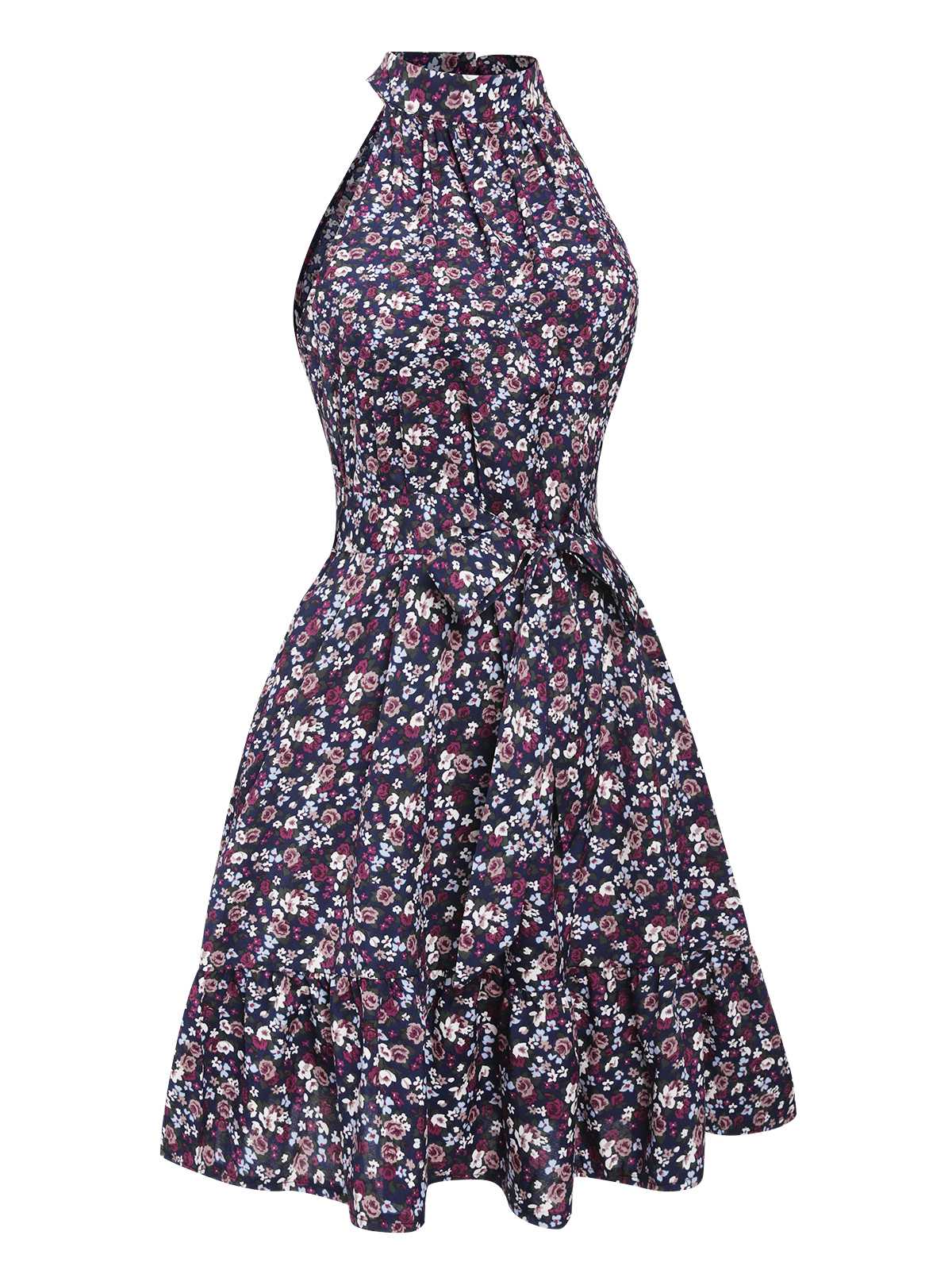 Purple 1980s Ditsy Floral Sleeveless Dress - Image 2