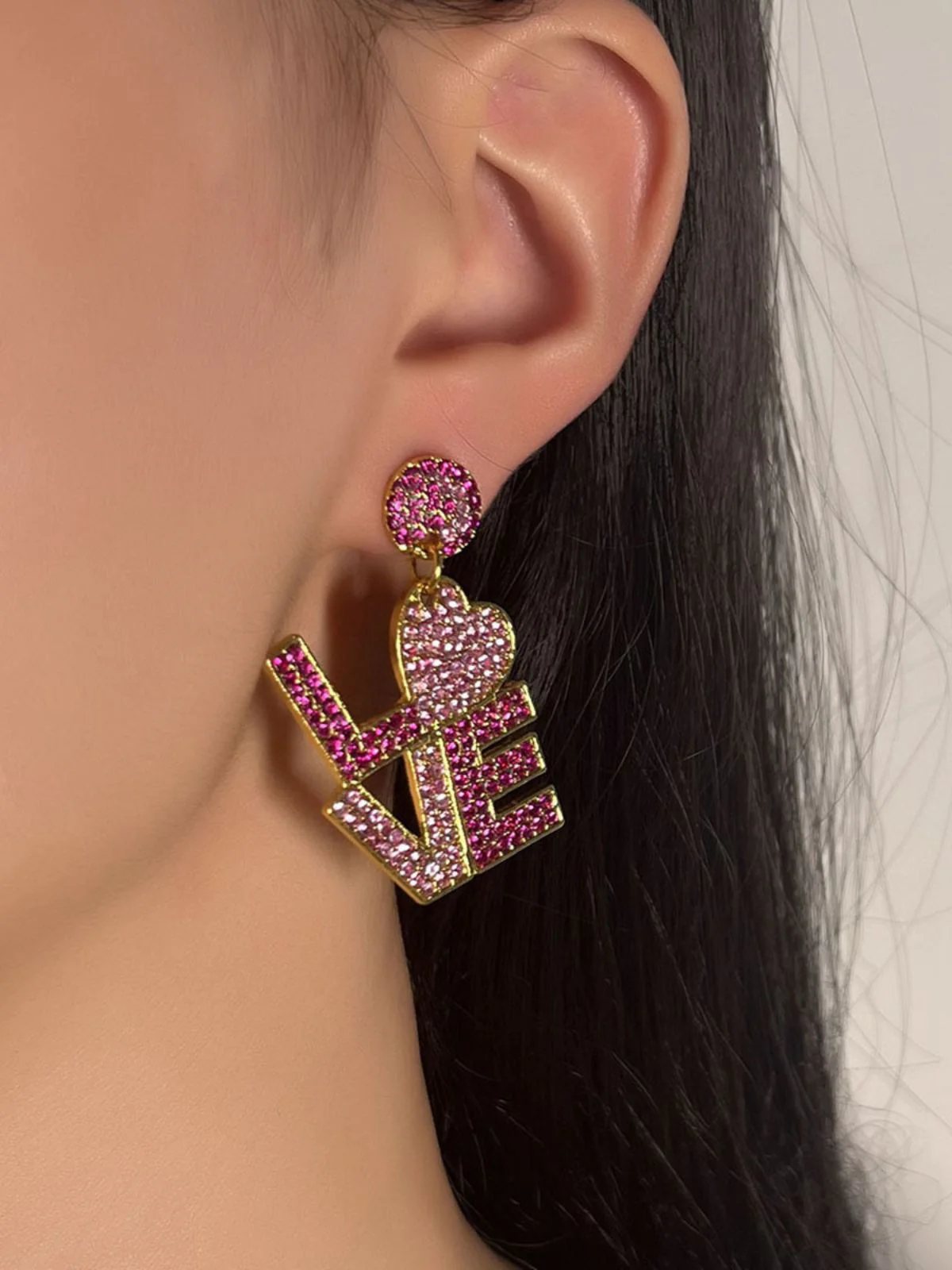 Purple Rhinestone LOVE Letters Dangle Earrings - Image 2