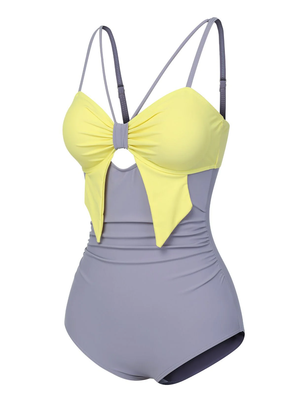 Purple & Yellow 1950s Cut Out Contrast Bow Swimsuit - Image 2