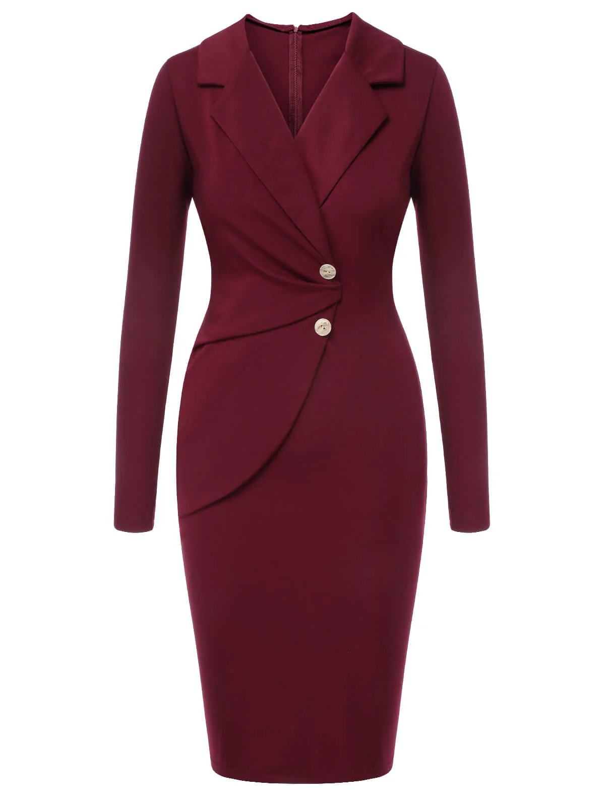 Purplish Red 1940s Solid Long Sleeved Lapel Dress - Image 2