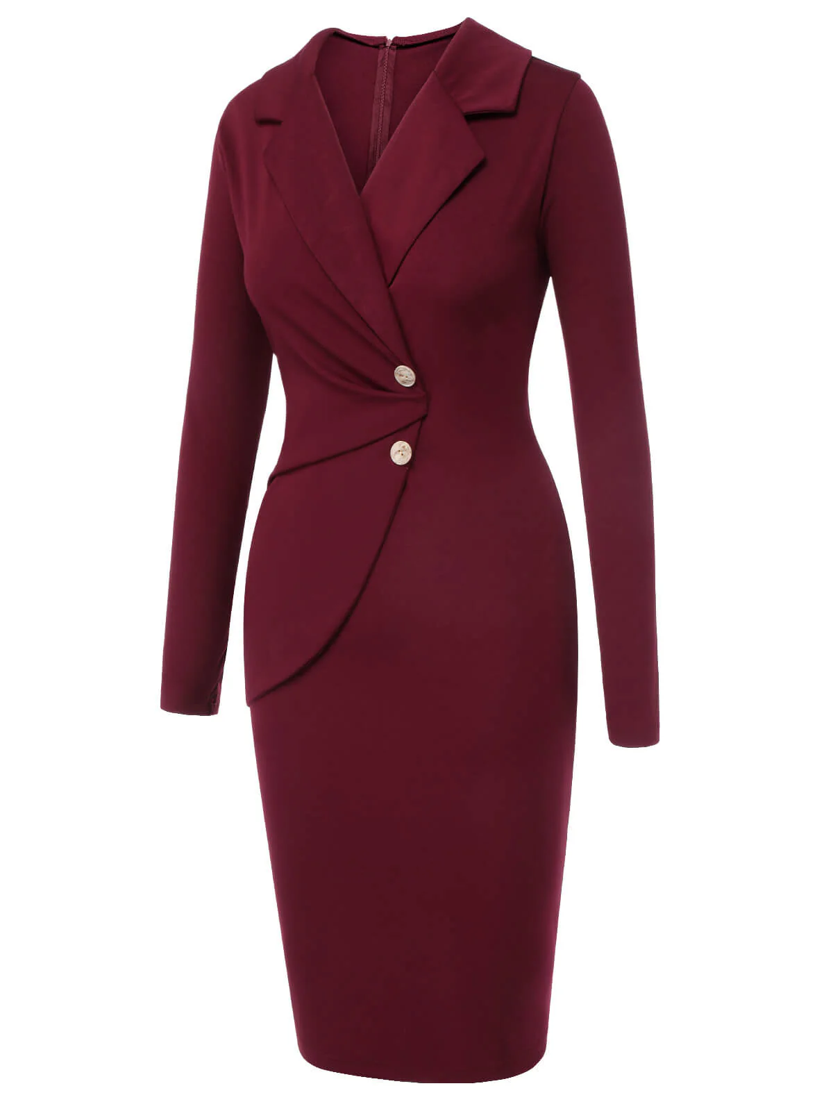 Purplish Red 1940s Solid Long Sleeved Lapel Dress - Image 3