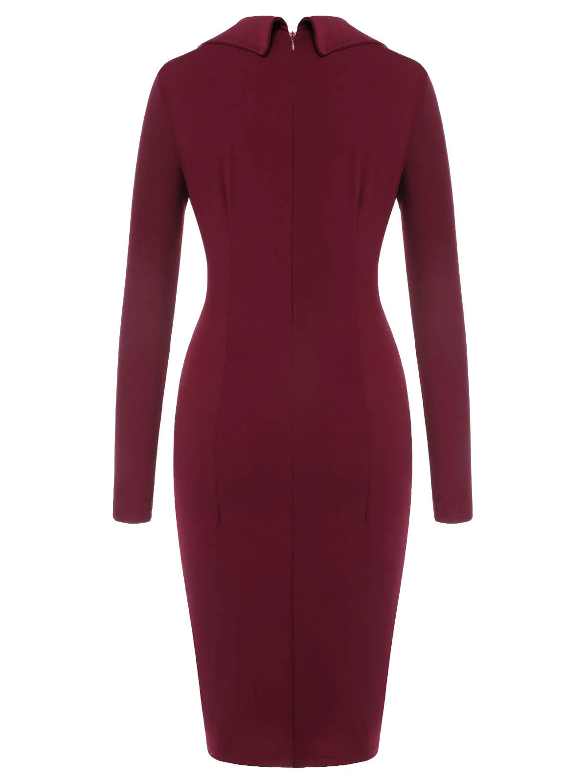 Purplish Red 1940s Solid Long Sleeved Lapel Dress - Image 4