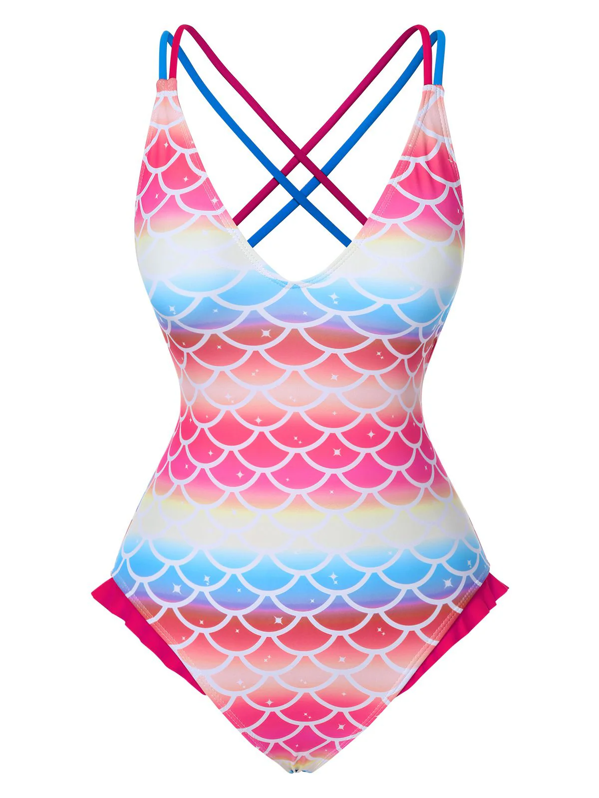 Rainbow 1970s Mermaid Scale Ruffle One-Piece Swimsuit