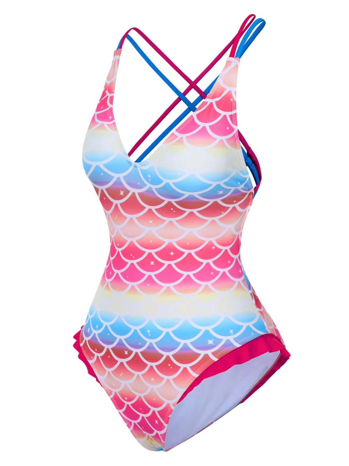 Rainbow 1970s Mermaid Scale Ruffle One-Piece Swimsuit - Image 2