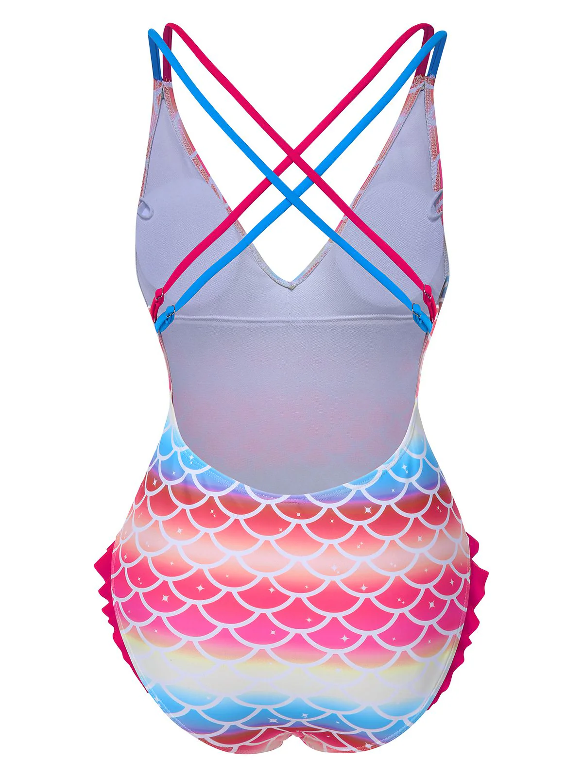 Rainbow 1970s Mermaid Scale Ruffle One-Piece Swimsuit - Image 3