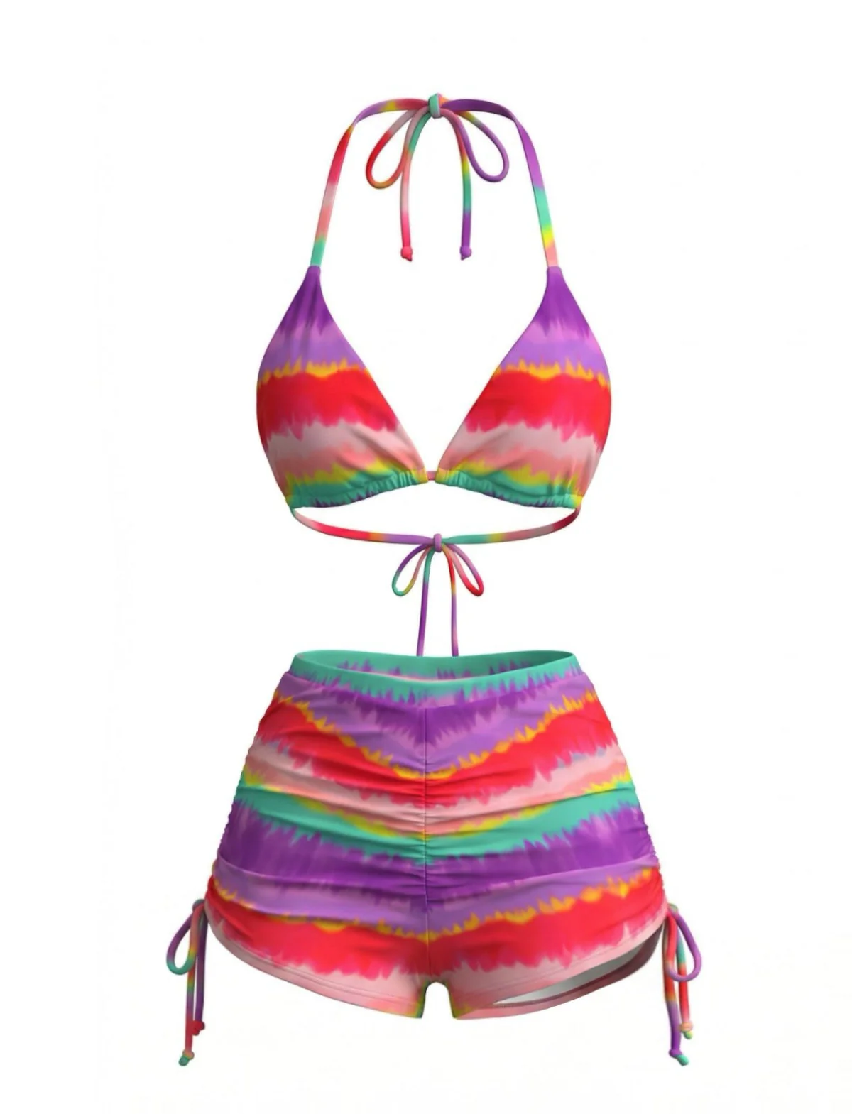 Rainbow 1980s Striped Backless Halter Bikini & High-Waist Shorts - Image 2