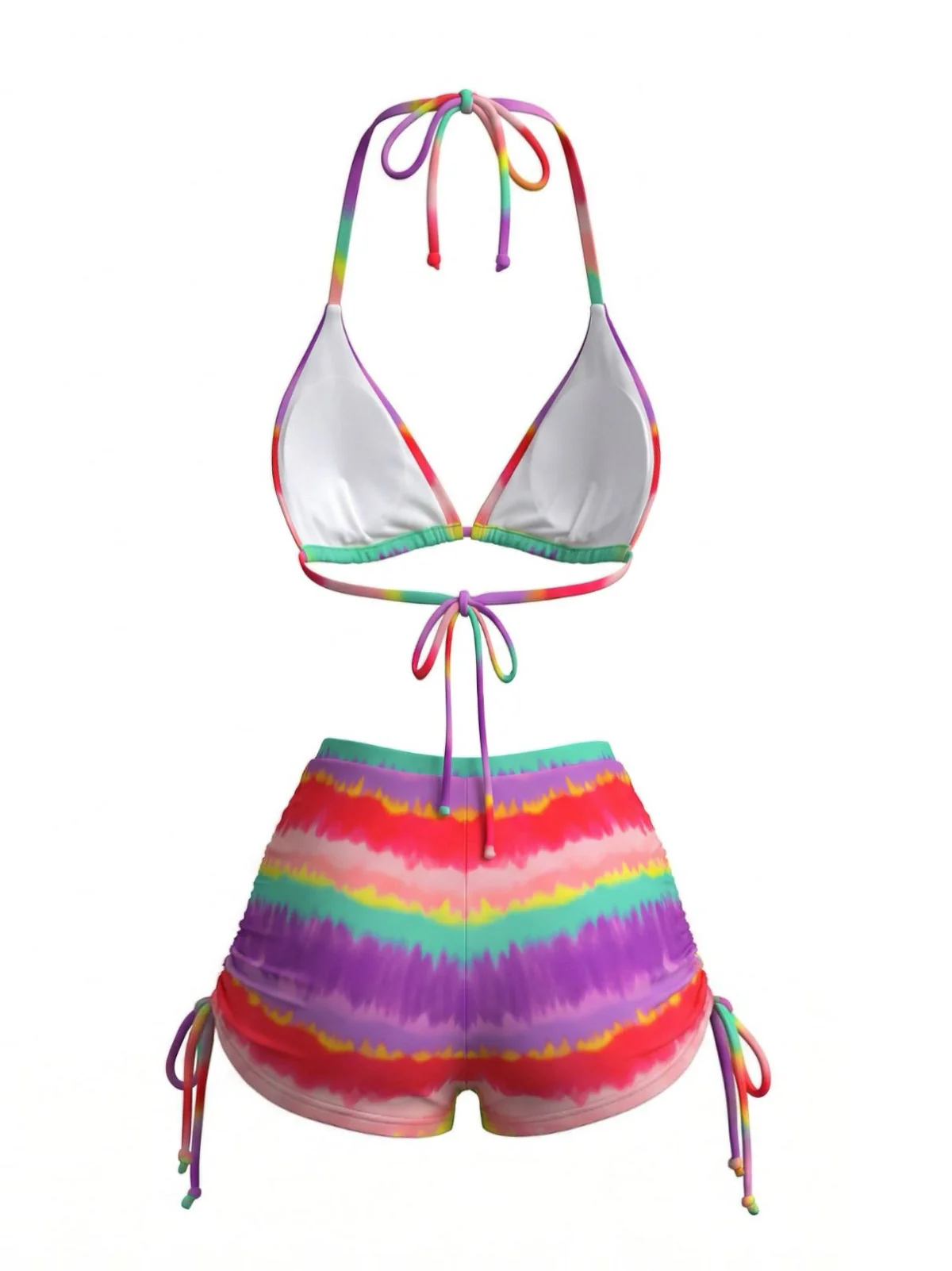 Rainbow 1980s Striped Backless Halter Bikini & High-Waist Shorts - Image 3