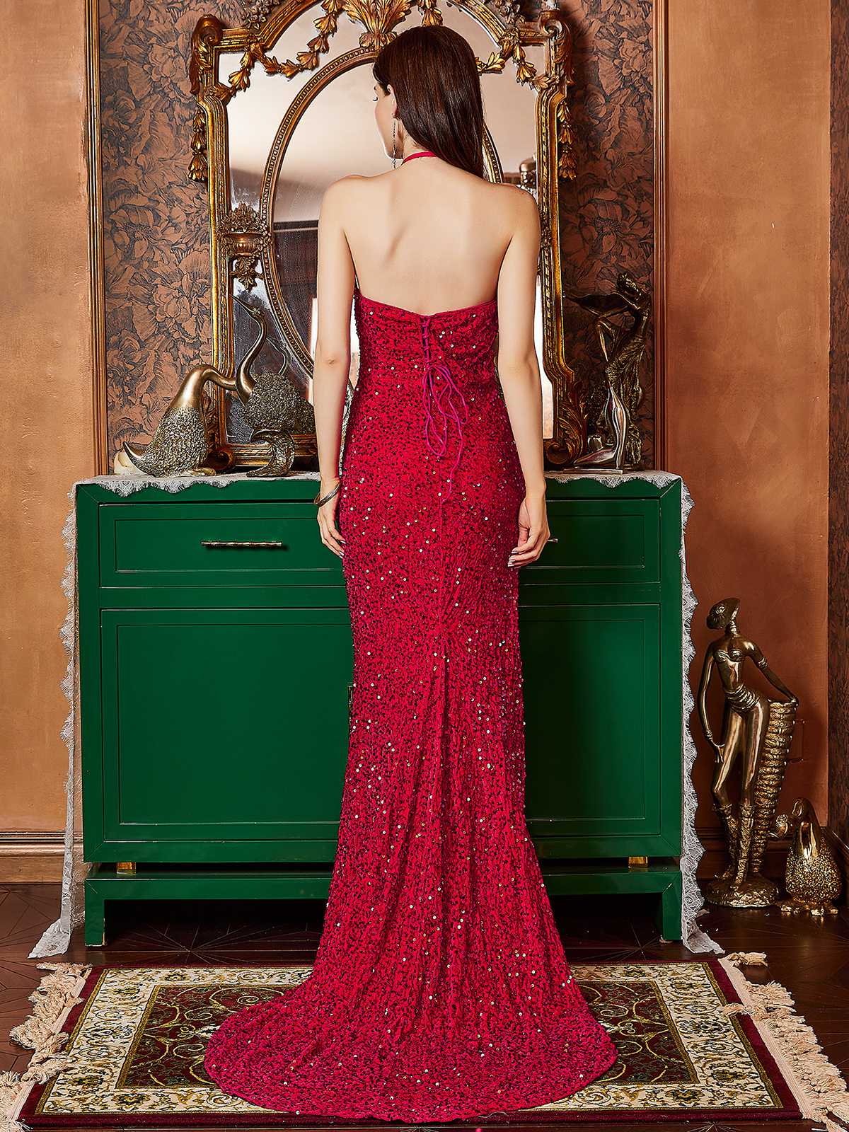 Red 1920s Halter Sequined Side Slit Maxi Dress - Image 2