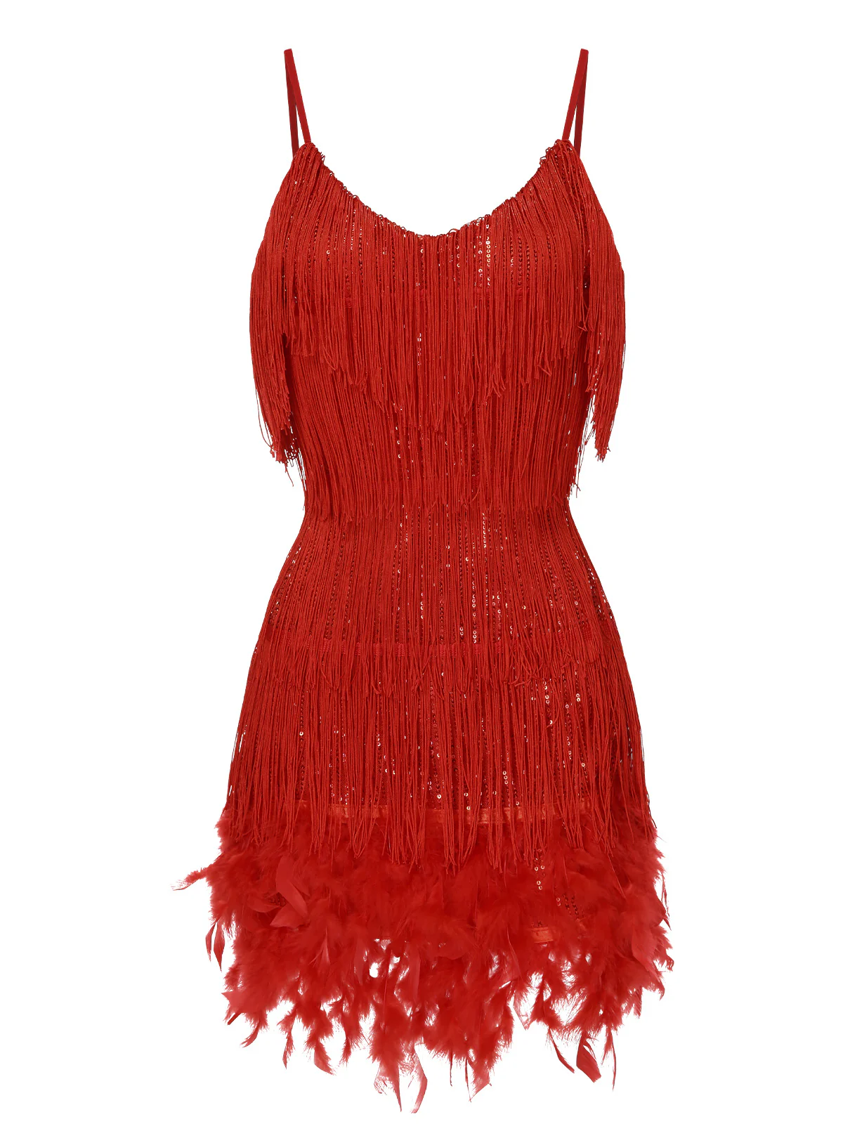 Red 1920s Spaghetti Strap Feather Fringe Dress - Image 2