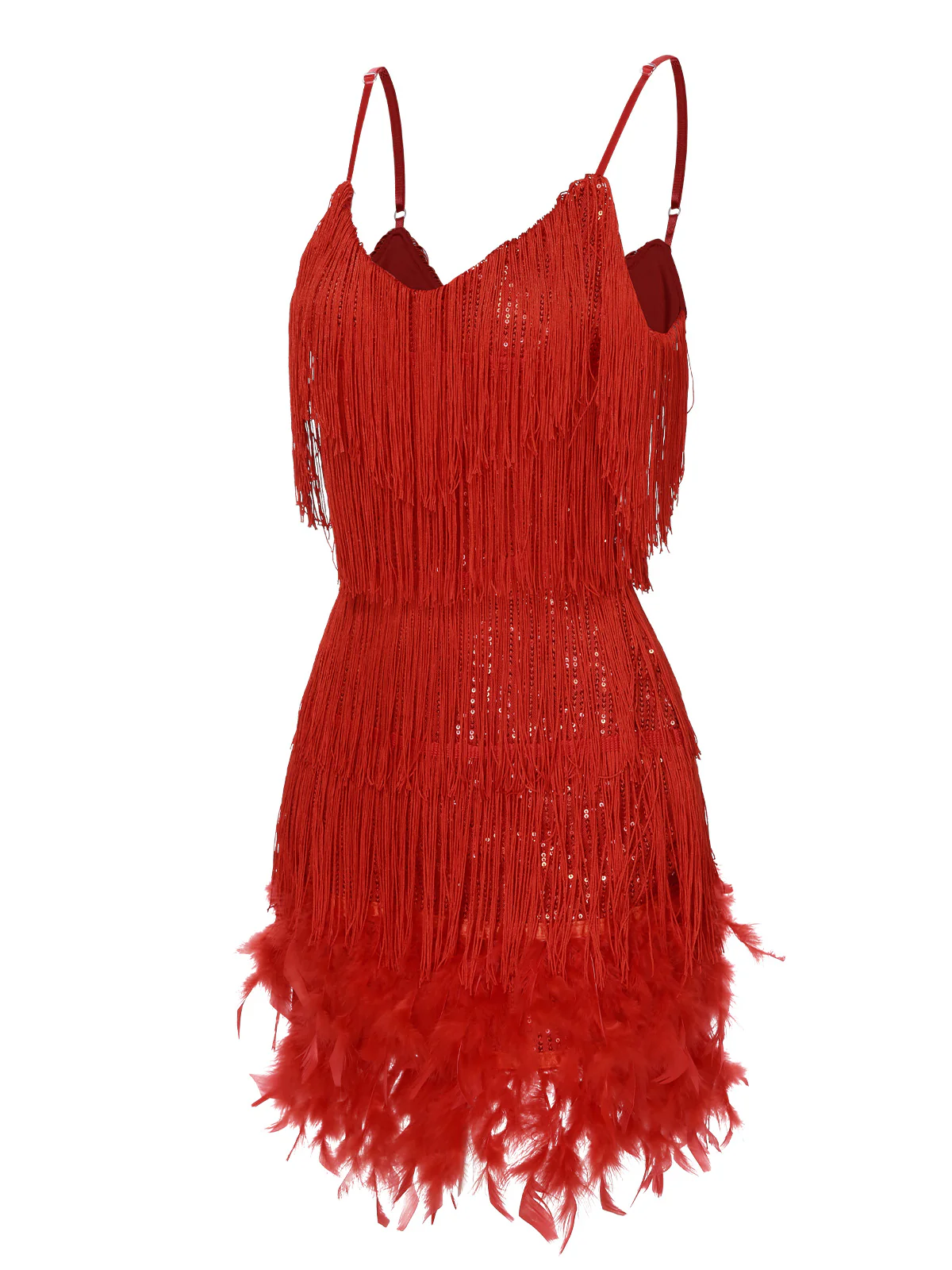 Red 1920s Spaghetti Strap Feather Fringe Dress - Image 3