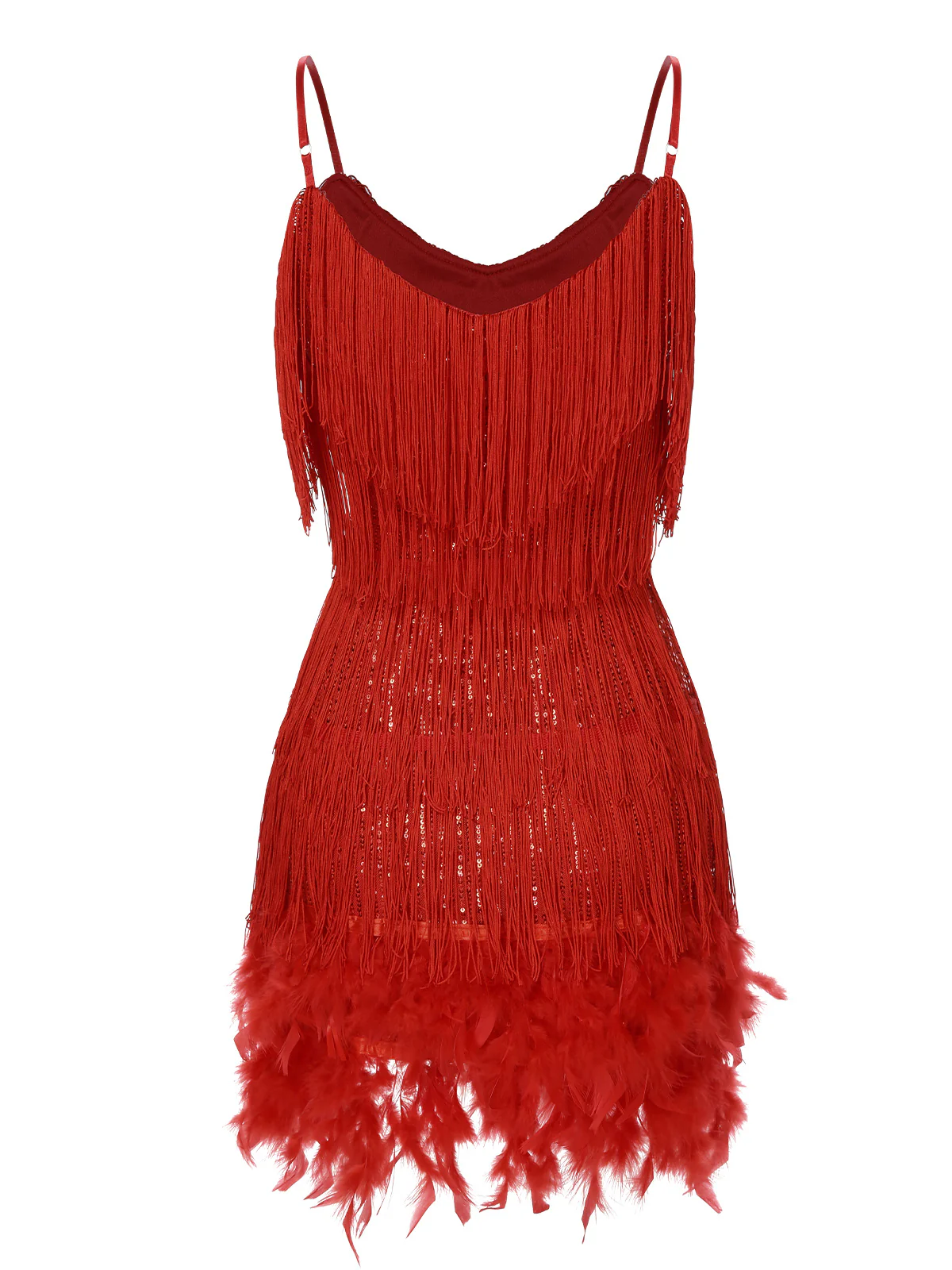 Red 1920s Spaghetti Strap Feather Fringe Dress - Image 4