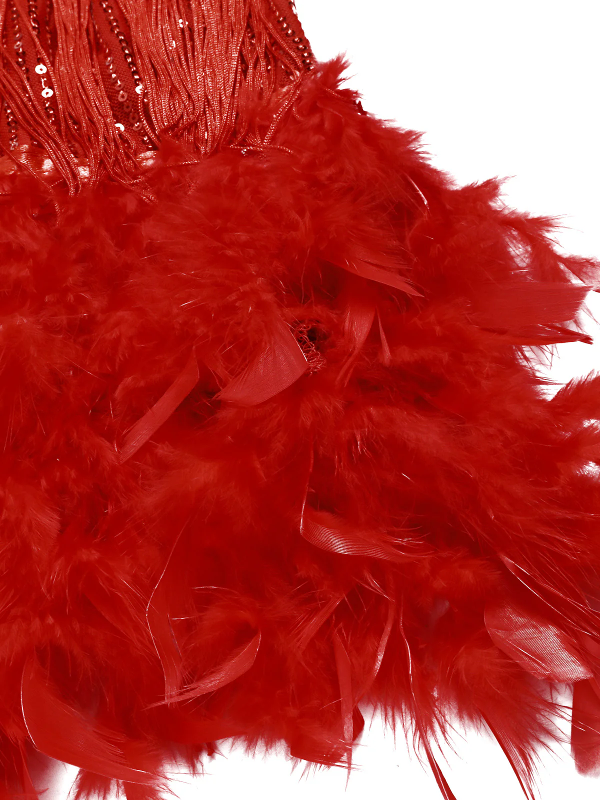 Red 1920s Spaghetti Strap Feather Fringe Dress - Image 5