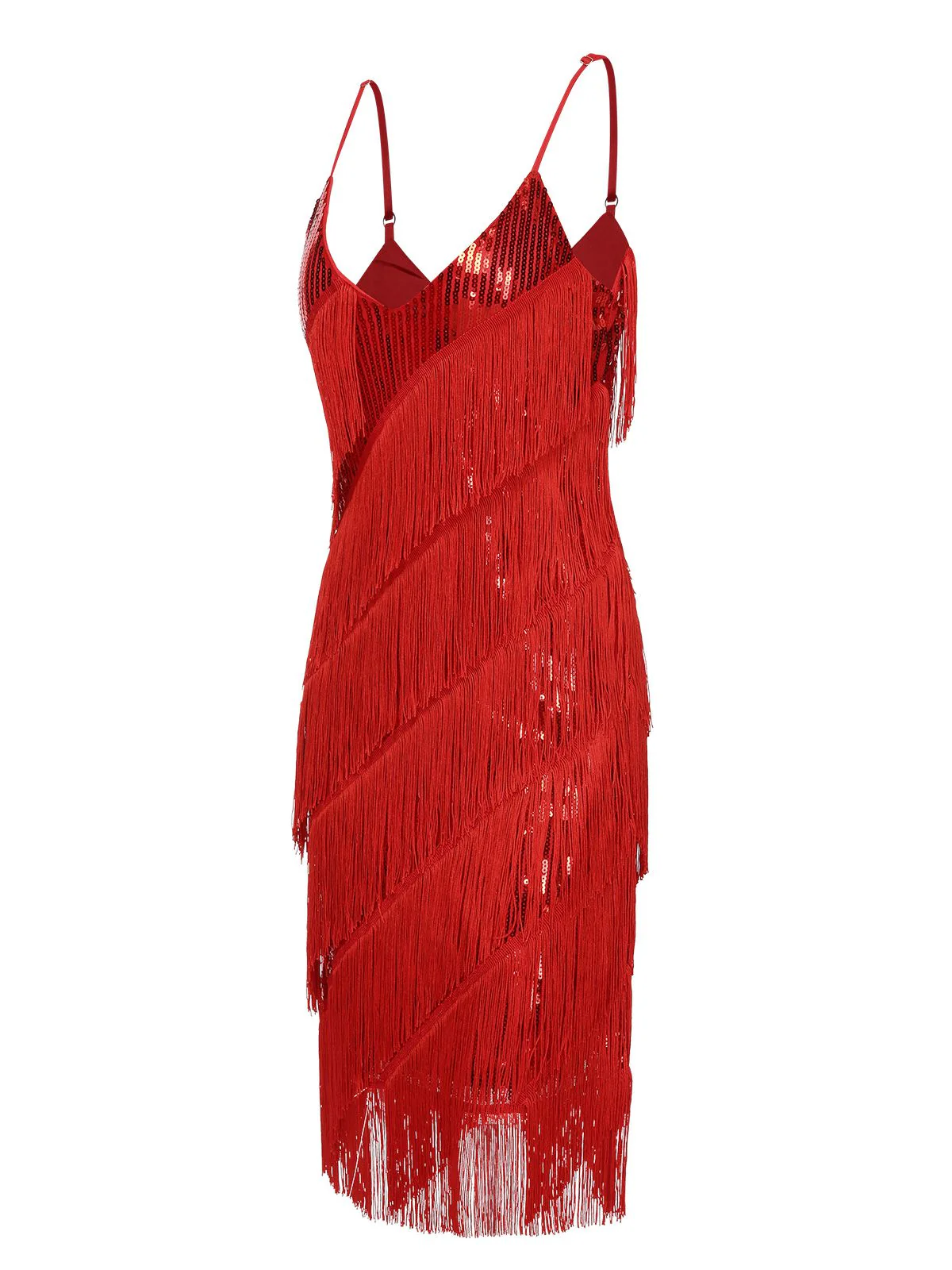 Red 1920s Spaghetti Strap Sequin Fringe Dress - Image 2
