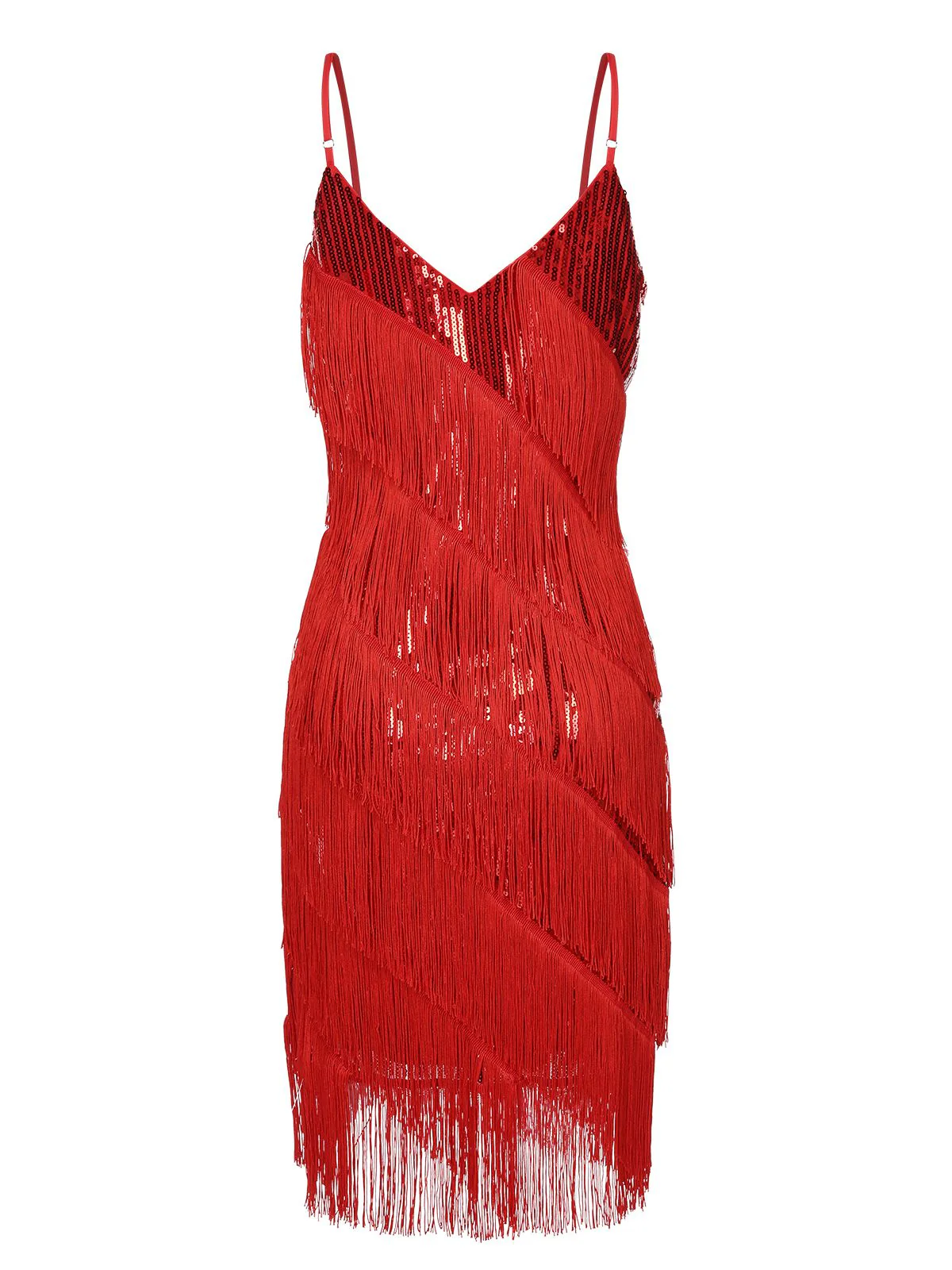 Red 1920s Spaghetti Strap Sequin Fringe Dress - Image 3