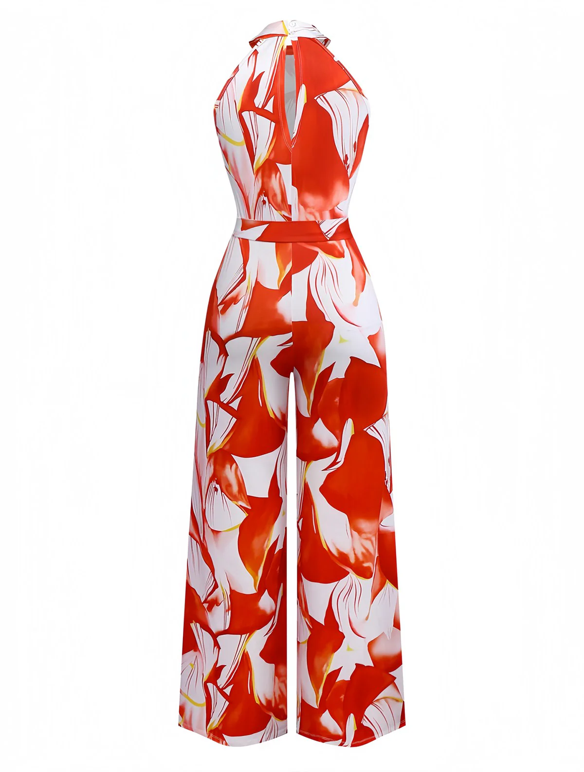 Red 1930s Abstract Prints Belted Sleeveless Jumpsuit - Image 2