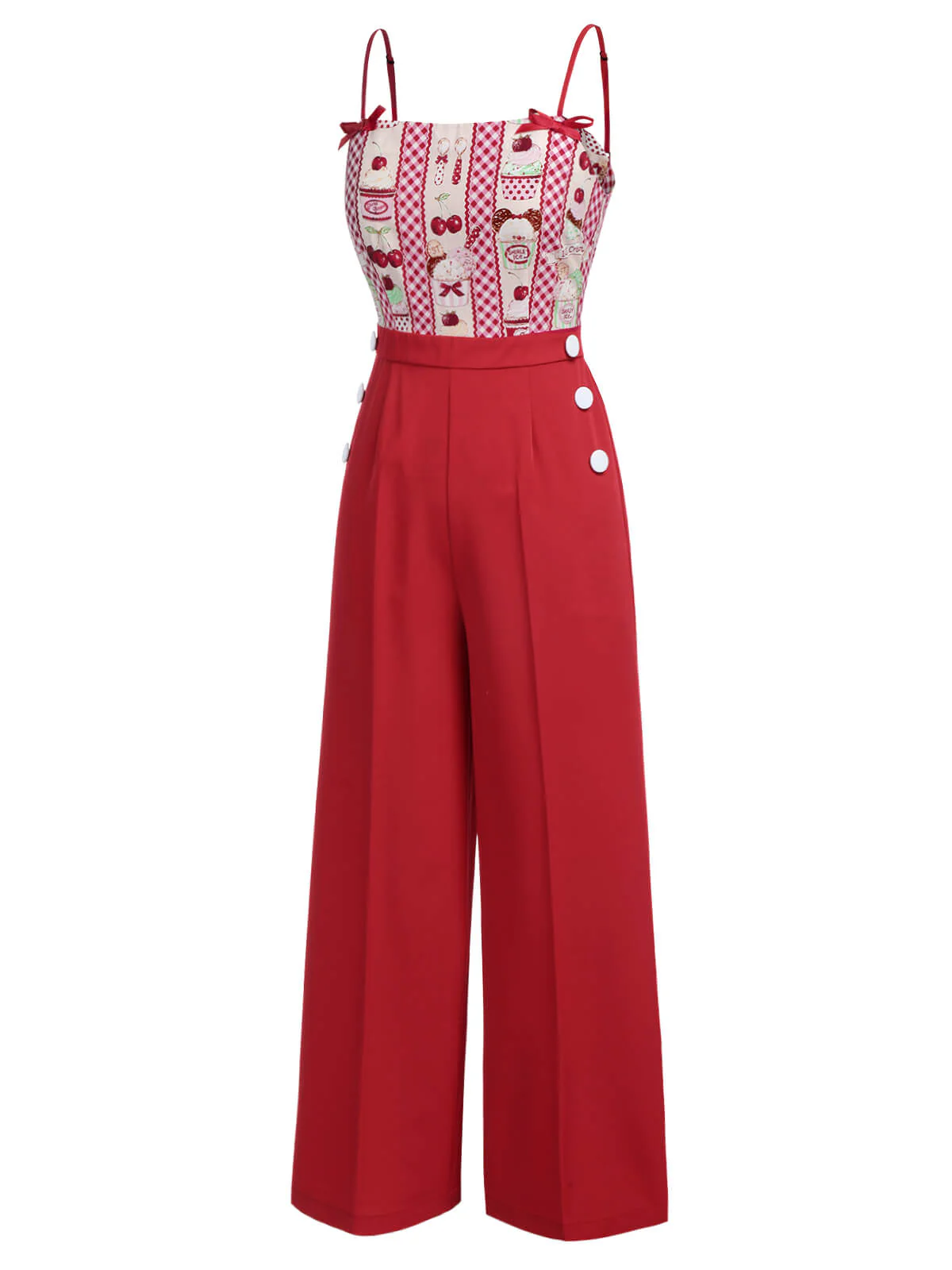 Red 1930s Cherry Cupcake Strap Jumpsuit - Image 3