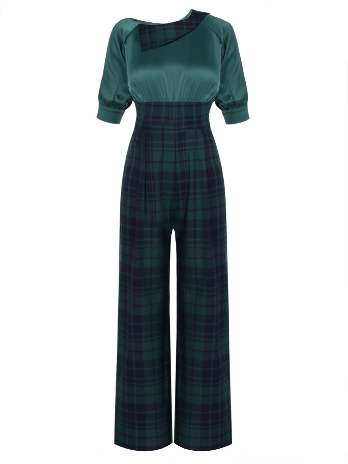 Red 1930s Christmas Plaid Short Sleeved Jumpsuit - Image 2